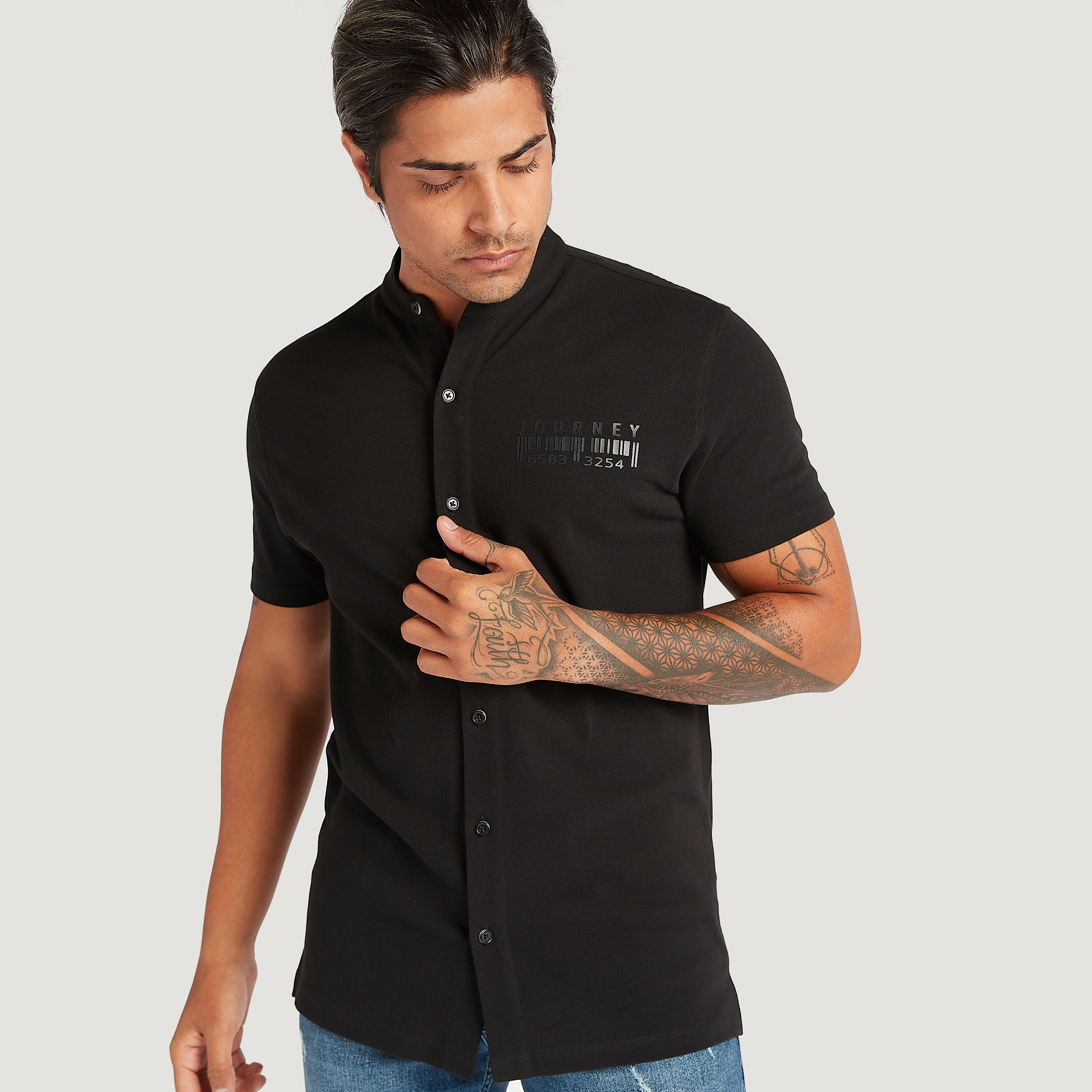 Printed Shirt with Mandarin Collar and Short Sleeves-men-clothing-shirts-image-1