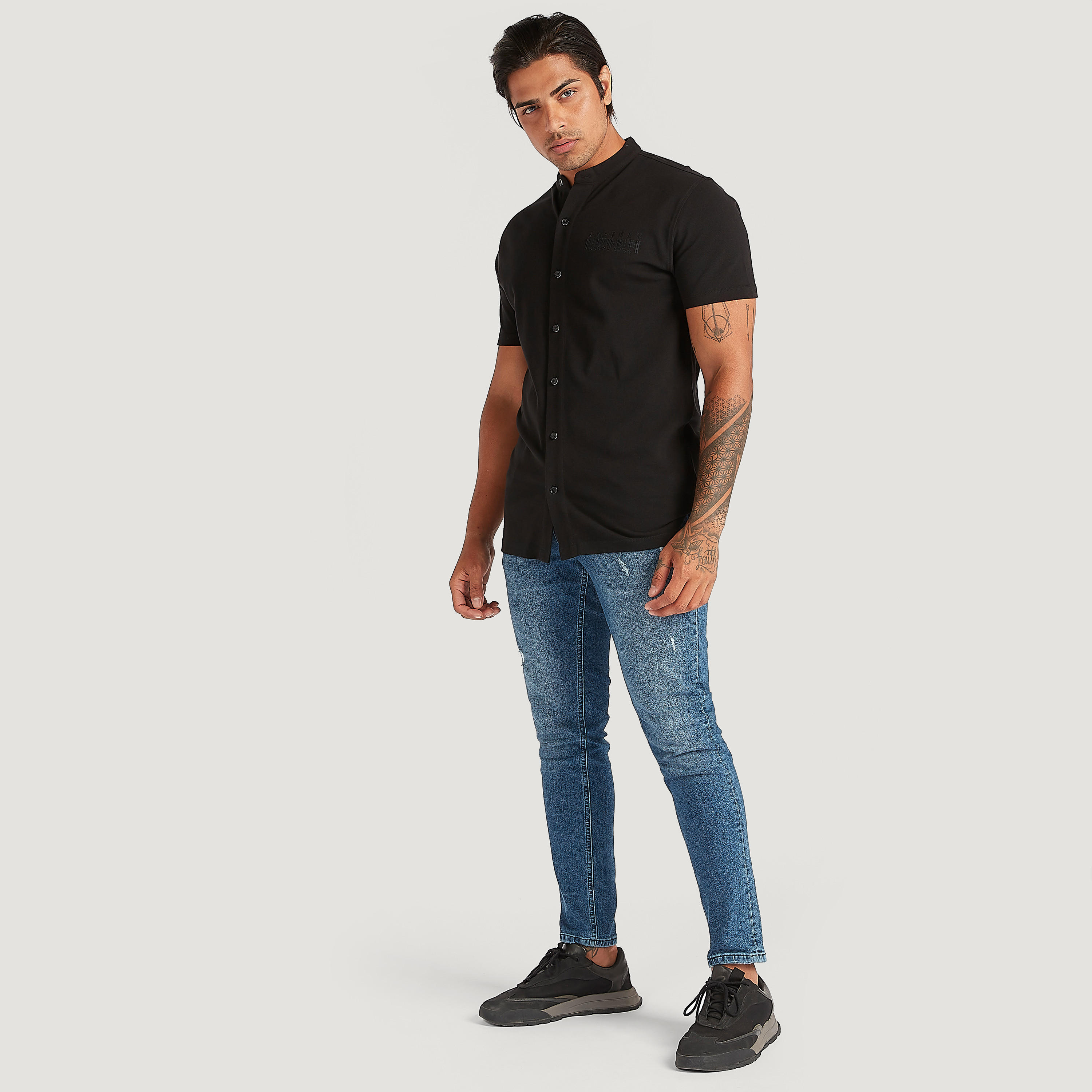 Printed Shirt with Mandarin Collar and Short Sleeves-men-clothing-shirts-image-2
