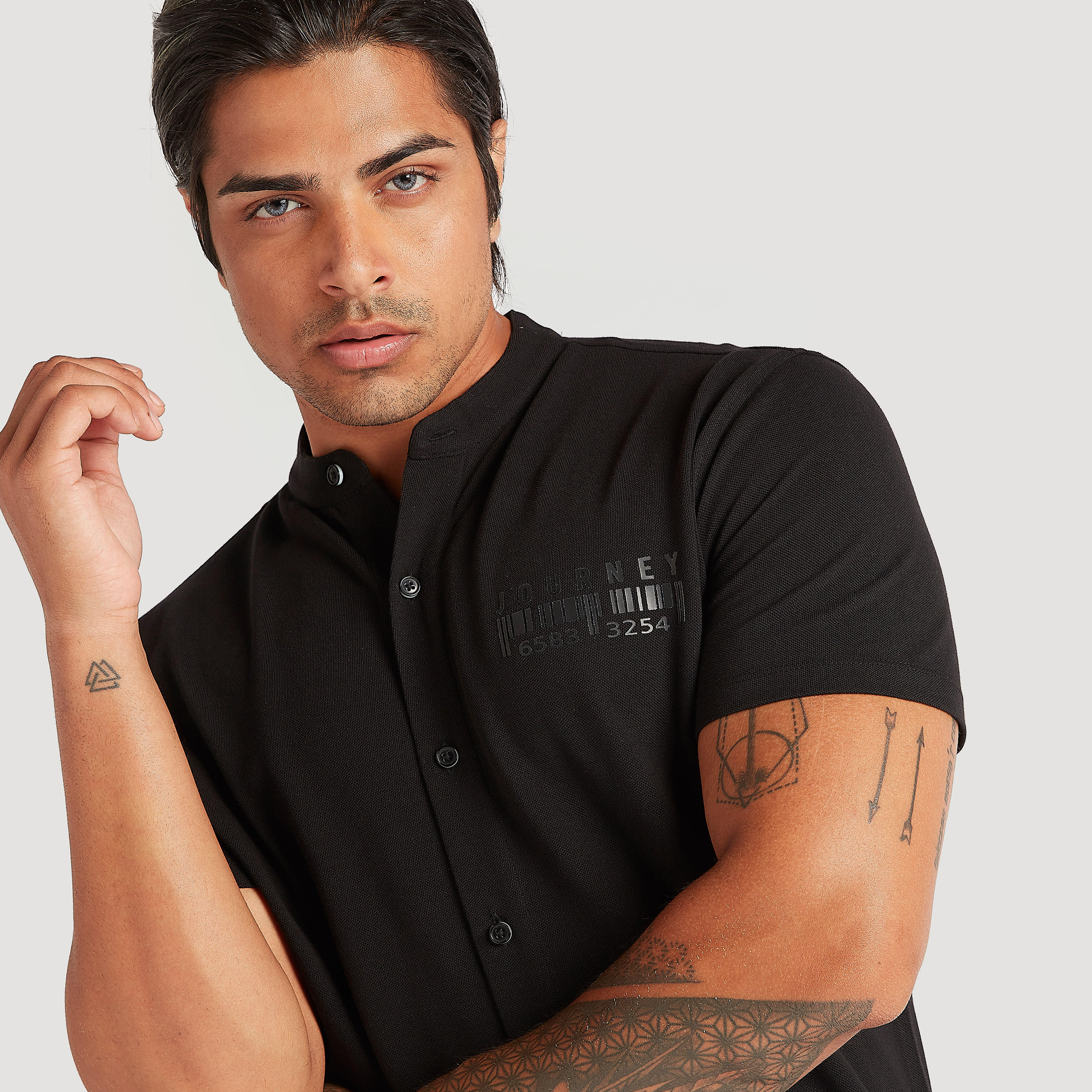 Printed Shirt with Mandarin Collar and Short Sleeves-men-clothing-shirts-image-3