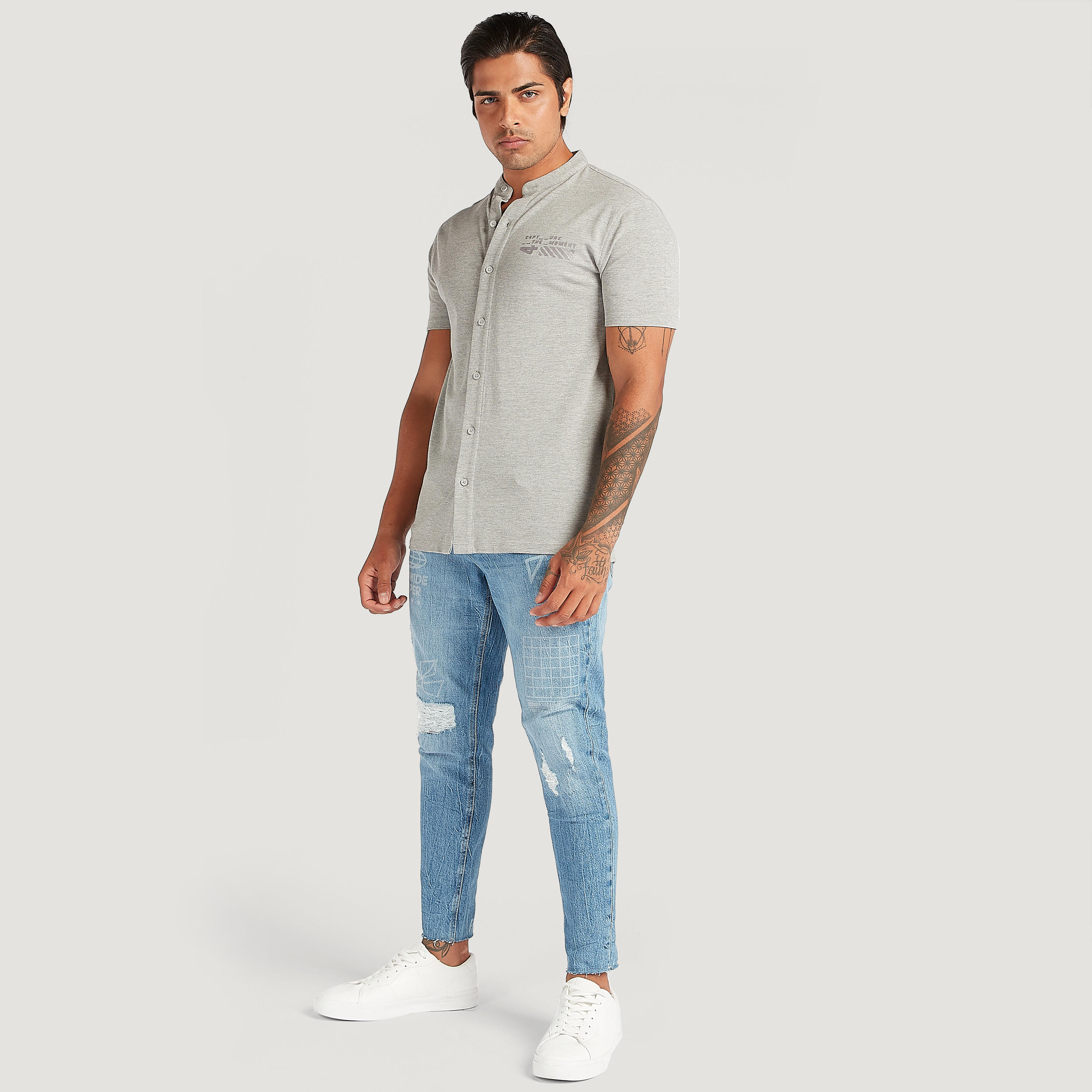 قميص بياقة ماندارين وأكمام قصيرة وطبعات-men-clothing-shirts-image-2