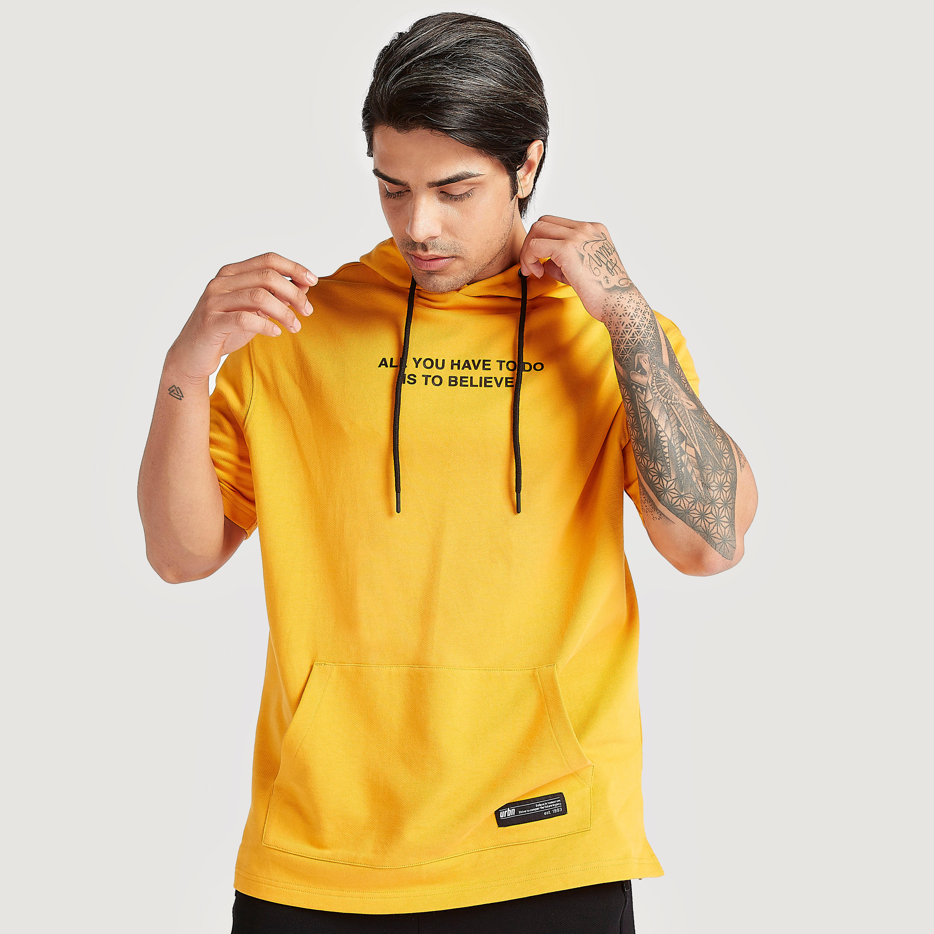 Printed Hooded T-shirt with Short Sleeves and Pocket-men-winterwear-hoodiesandsweatshirts-image-1