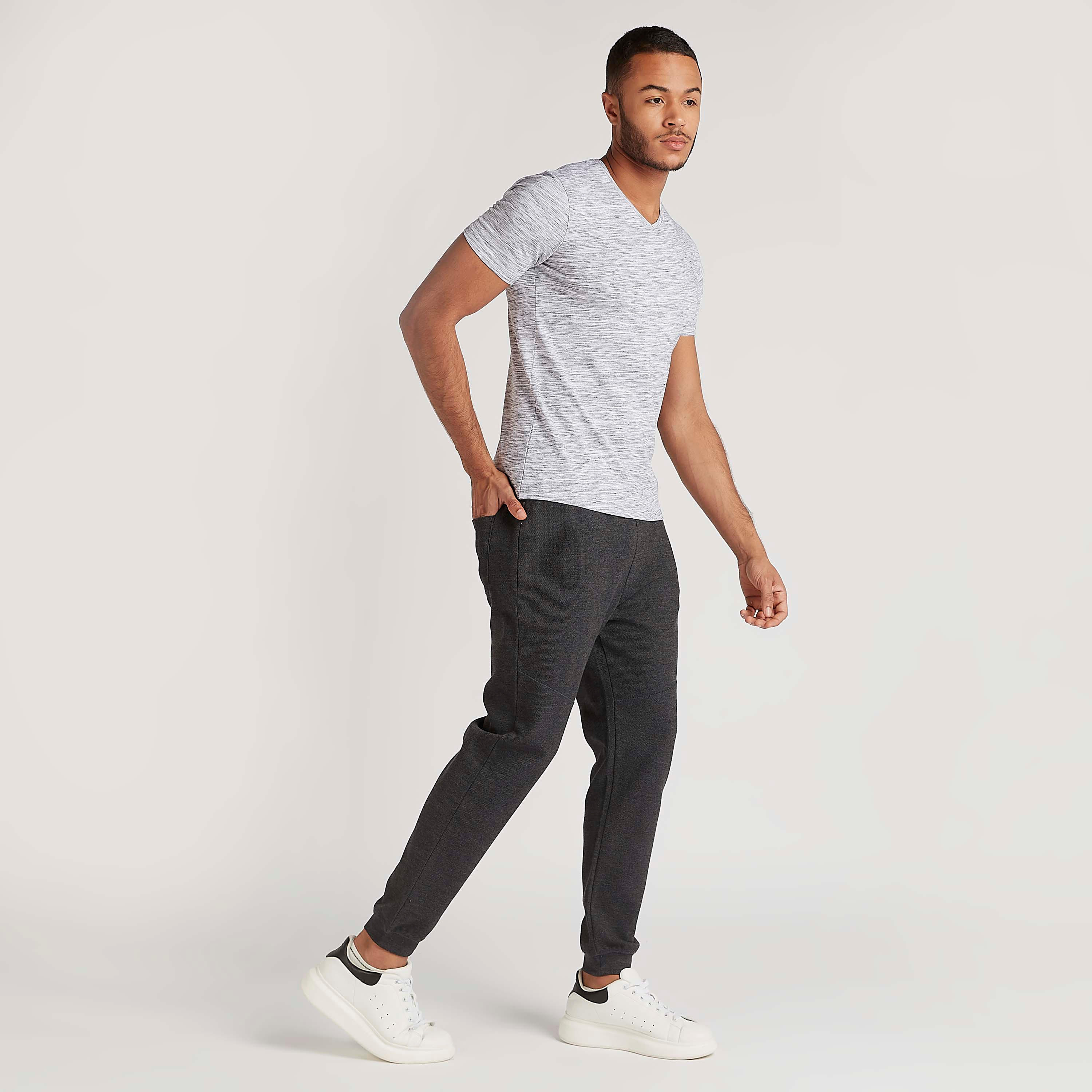 Textured T-shirt with V-neck and Short Sleeves-men-clothing-tshirtsandpolos-tshirts-image-2