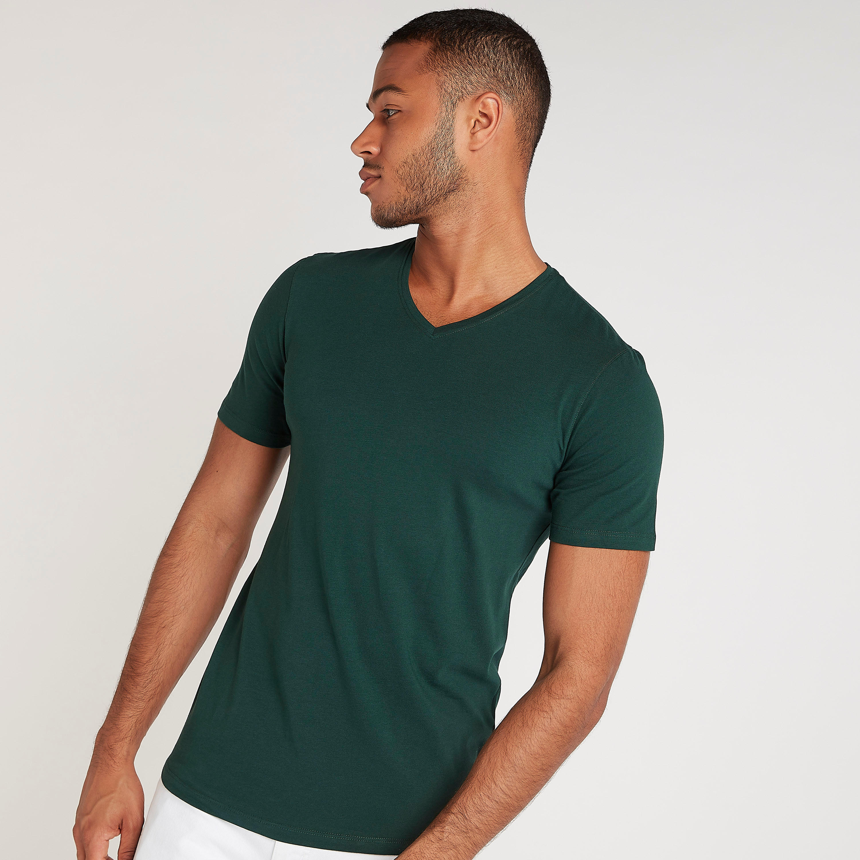 Solid V-neck T-shirt with Short Sleeves-men-clothing-tshirtsandpolos-tshirts-image-1