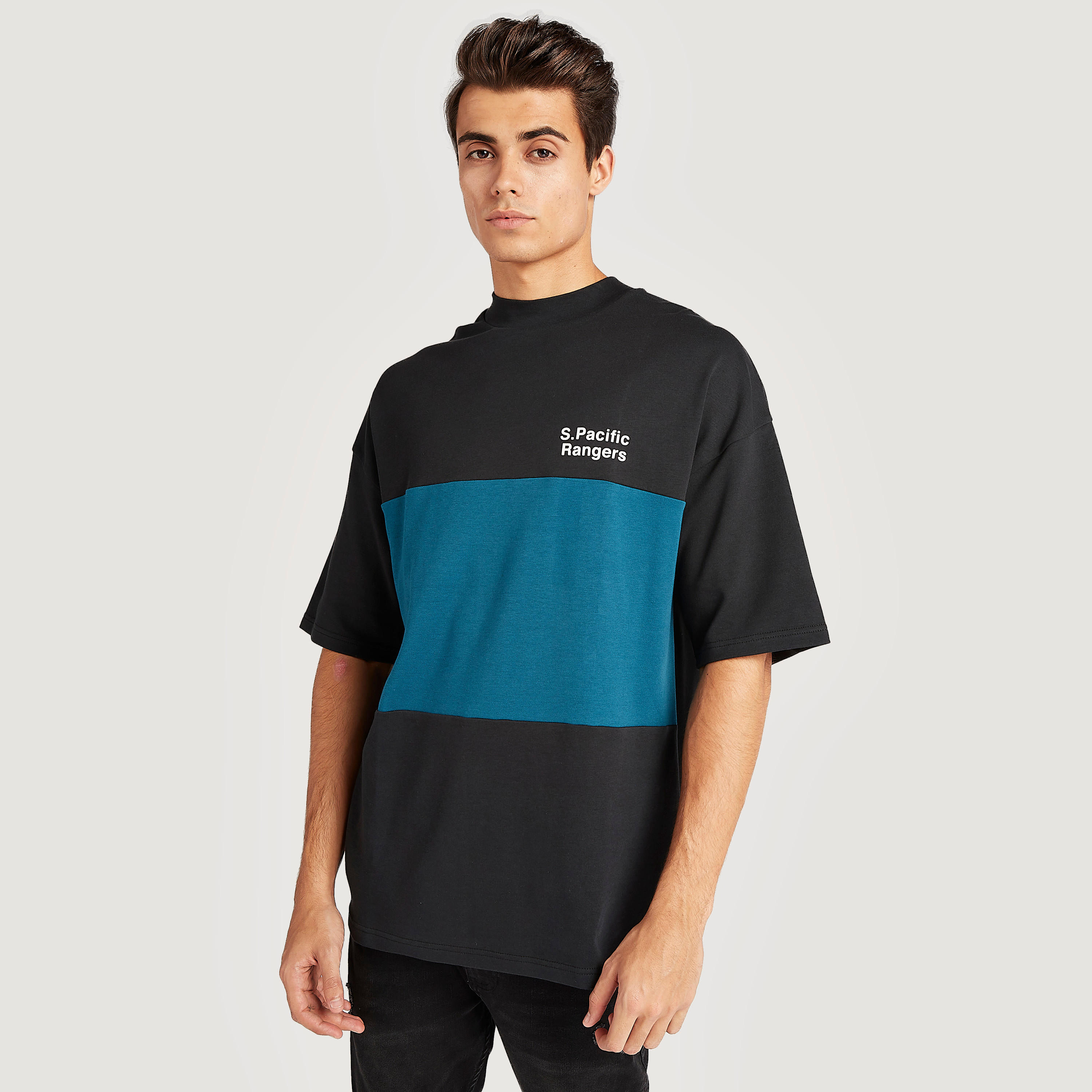 Printed T-shirt with High Neck and Short Sleeves-men-clothing-tshirtsandpolos-tshirts-image-1
