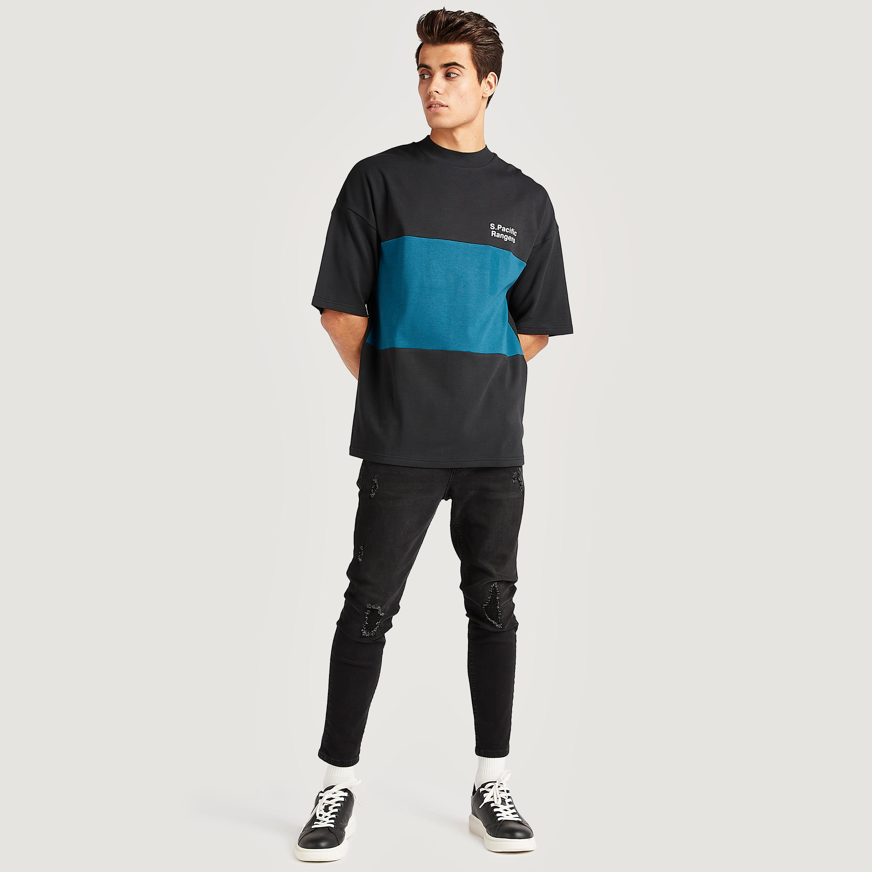 Printed T-shirt with High Neck and Short Sleeves-men-clothing-tshirtsandpolos-tshirts-image-2