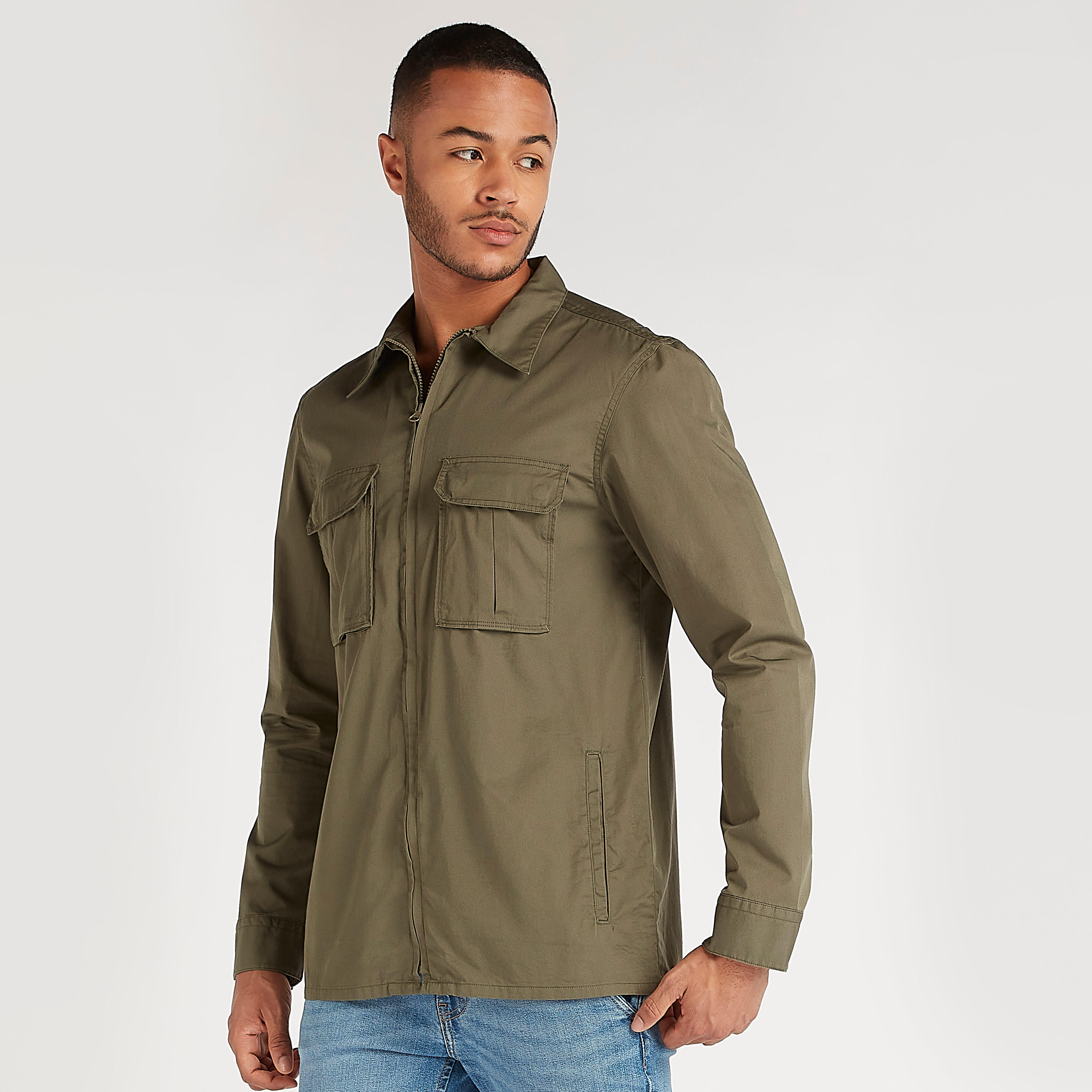 Solid Zip Through Shirt with Flap Pockets and Long Sleeves-men-clothing-shirts-image-1