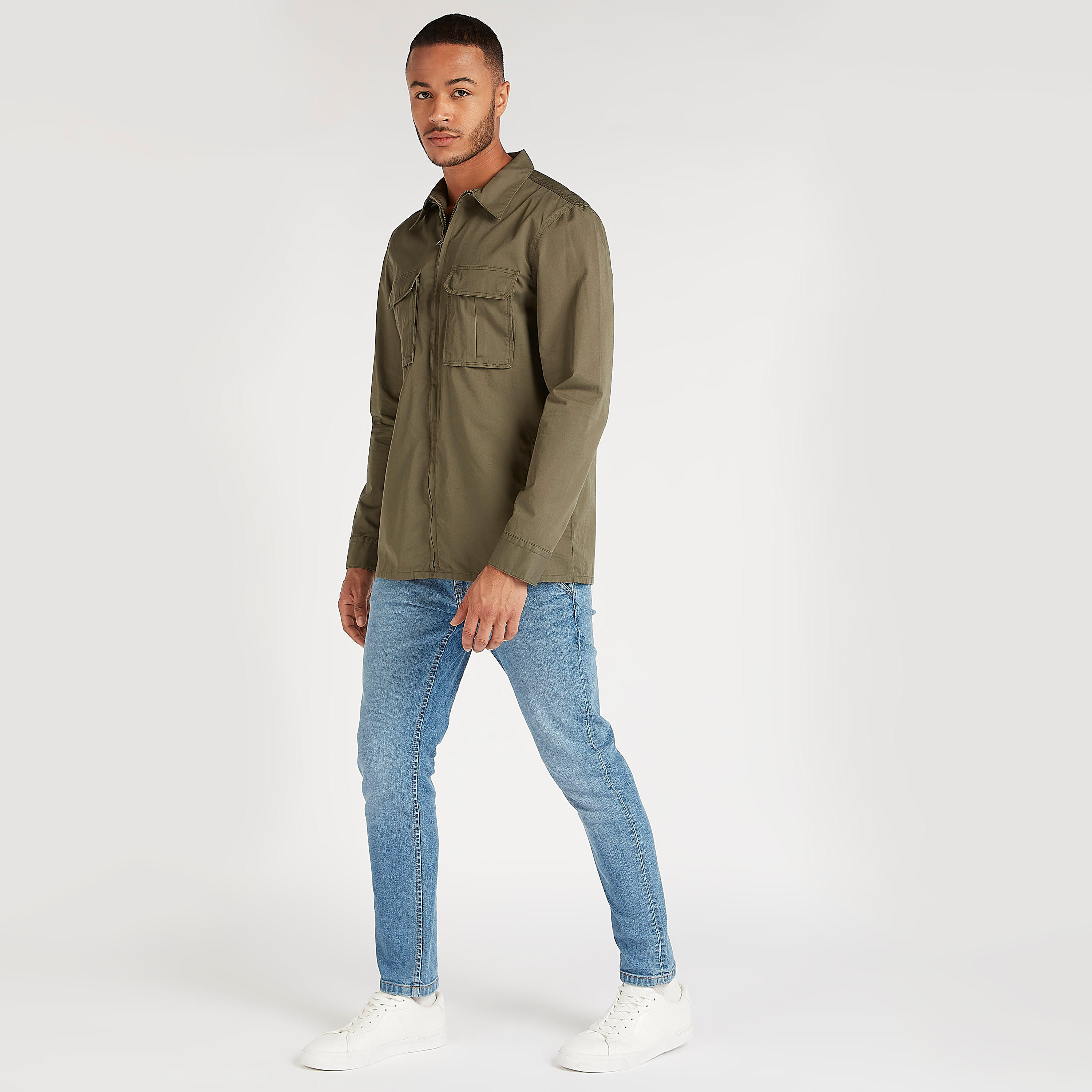 Solid Zip Through Shirt with Flap Pockets and Long Sleeves-men-clothing-shirts-image-2