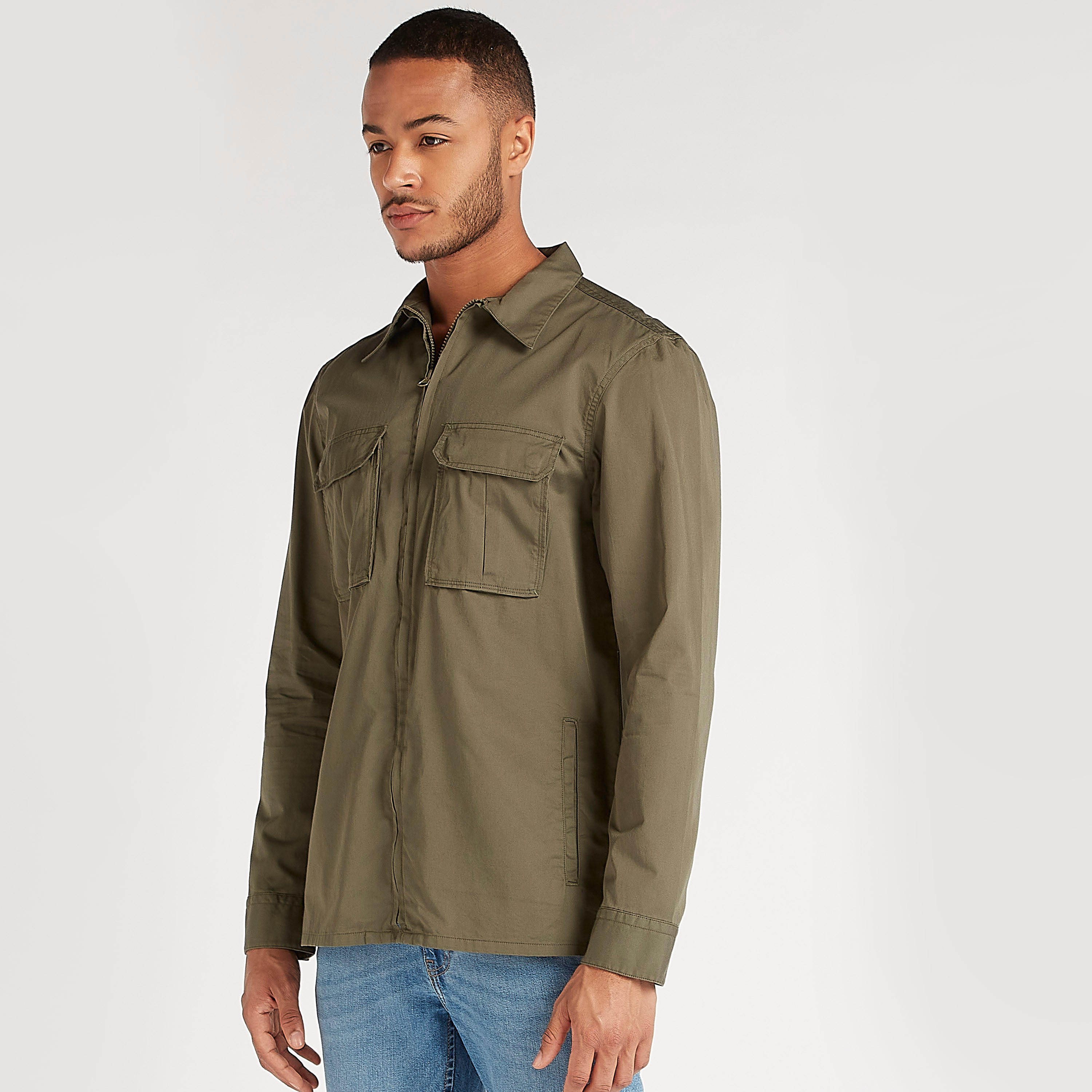 Solid Zip Through Shirt with Flap Pockets and Long Sleeves-men-clothing-shirts-image-7