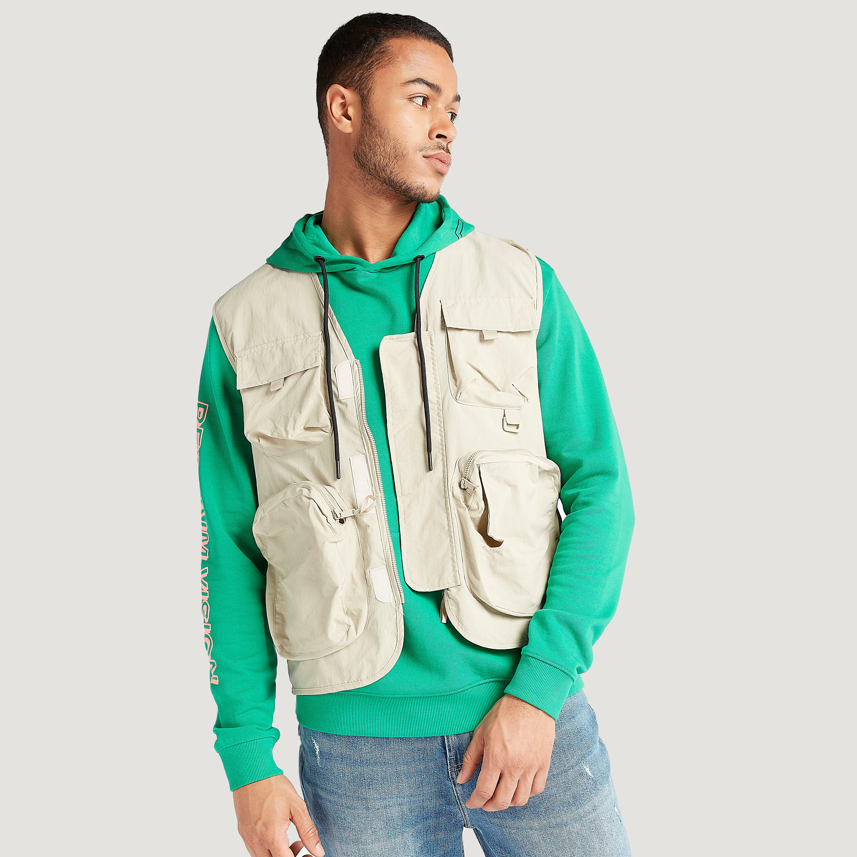 Solid Zip Through Gilet with Pockets and Mesh Panel-men-clothing-jacketsandblazers-jackets-image-1