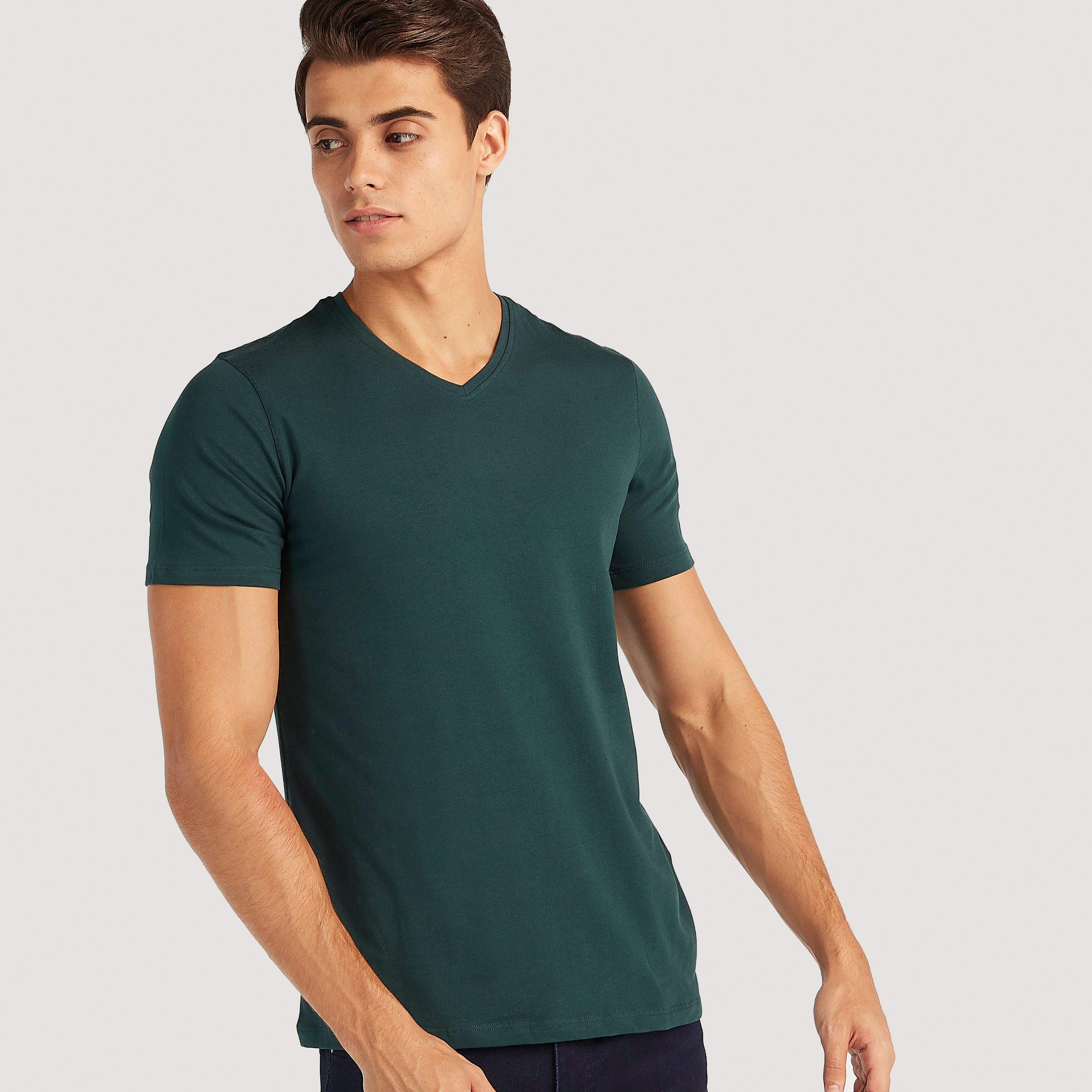 Solid V-neck T-shirt with Short Sleeves-men-clothing-tshirtsandpolos-tshirts-image-1