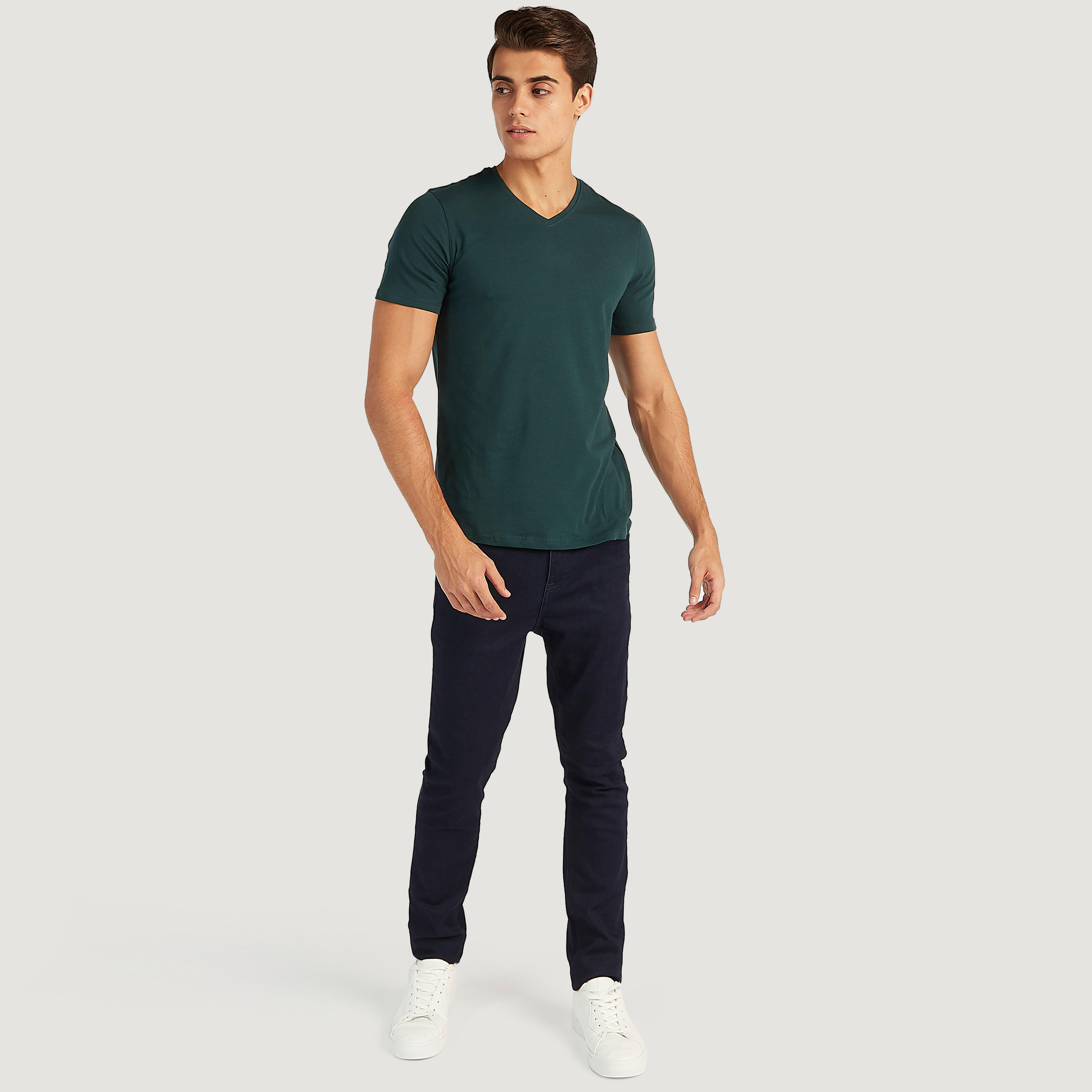 Solid V-neck T-shirt with Short Sleeves-men-clothing-tshirtsandpolos-tshirts-image-2