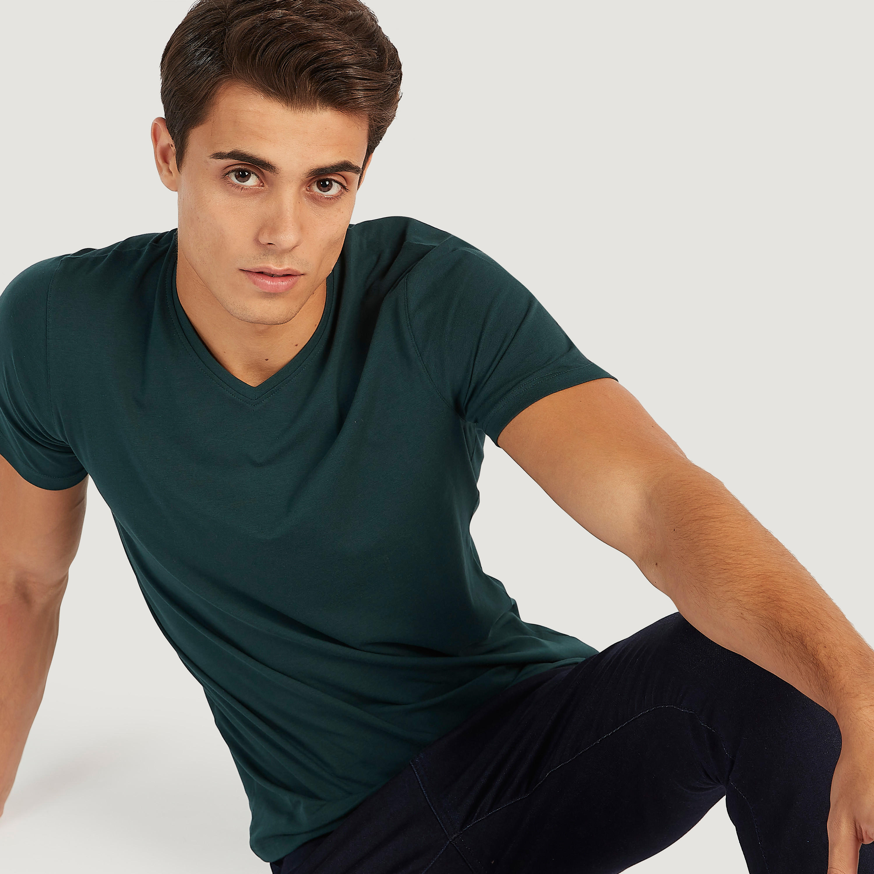 Solid V-neck T-shirt with Short Sleeves-men-clothing-tshirtsandpolos-tshirts-image-5