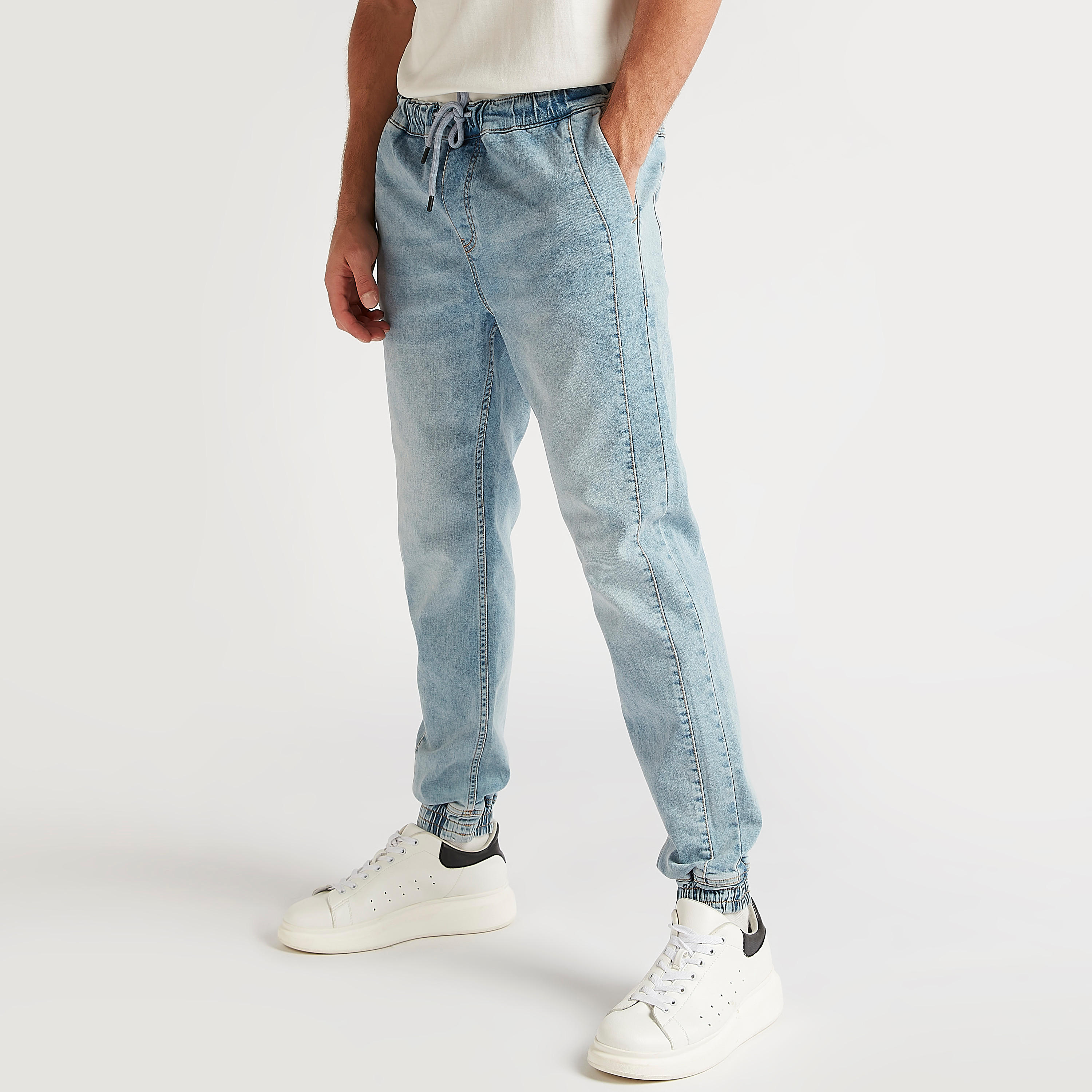 Solid Denim Joggers with Drawstring Closure and Pockets-men-clothing-bottoms-joggers-image-1