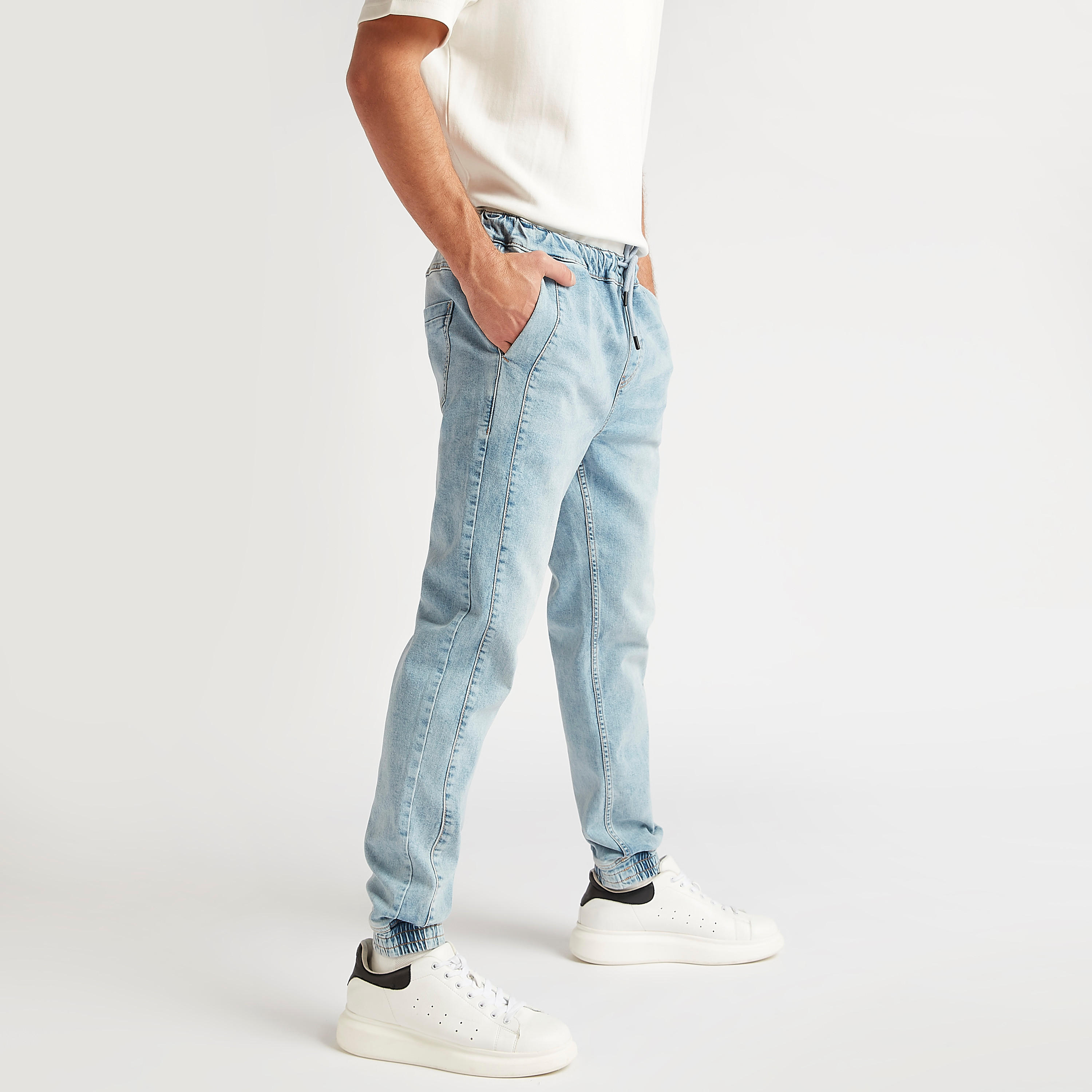 Solid Denim Joggers with Drawstring Closure and Pockets-men-clothing-bottoms-joggers-image-5