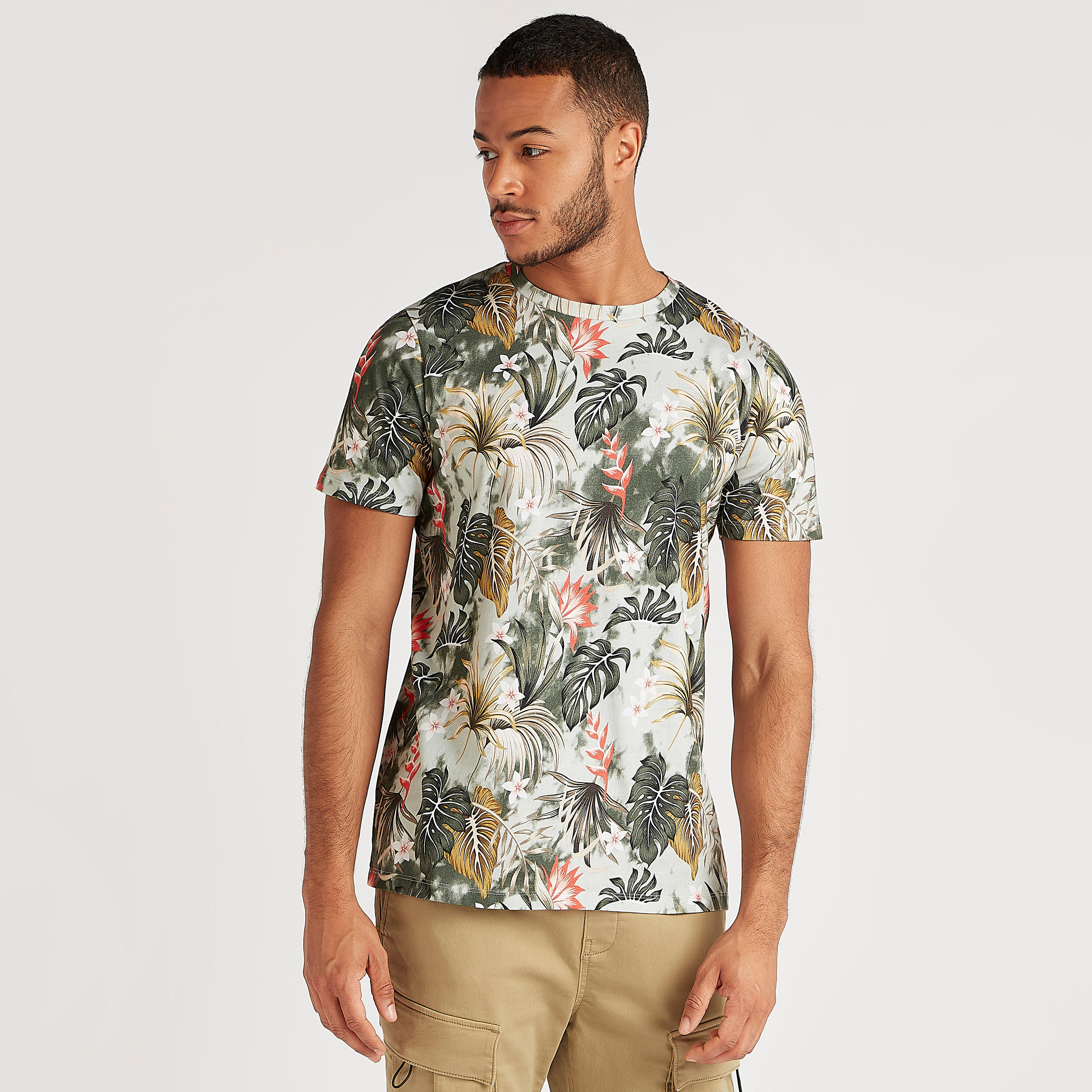 Tropical Print Crew Neck T-shirt with Short Sleeves-men-clothing-tshirtsandpolos-tshirts-image-1