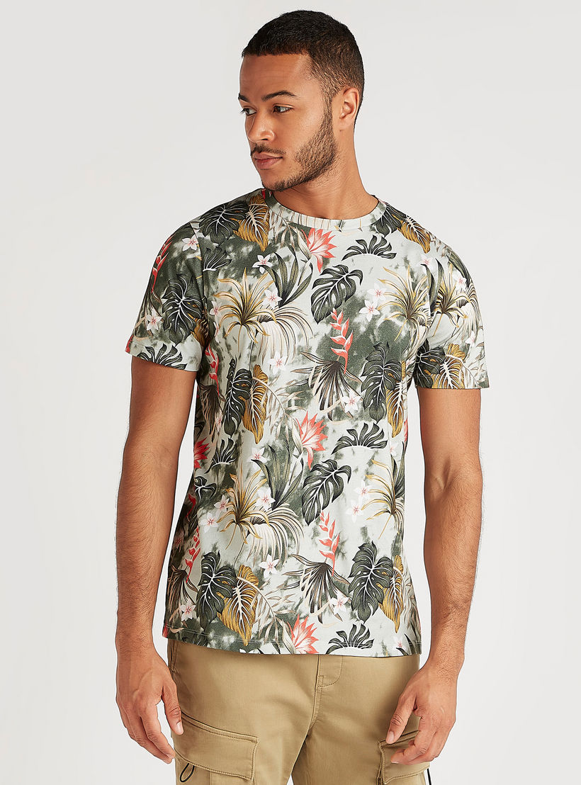 Tropical Print Crew Neck T-shirt with Short Sleeves-men-clothing-tshirtsandpolos-tshirts-image-1