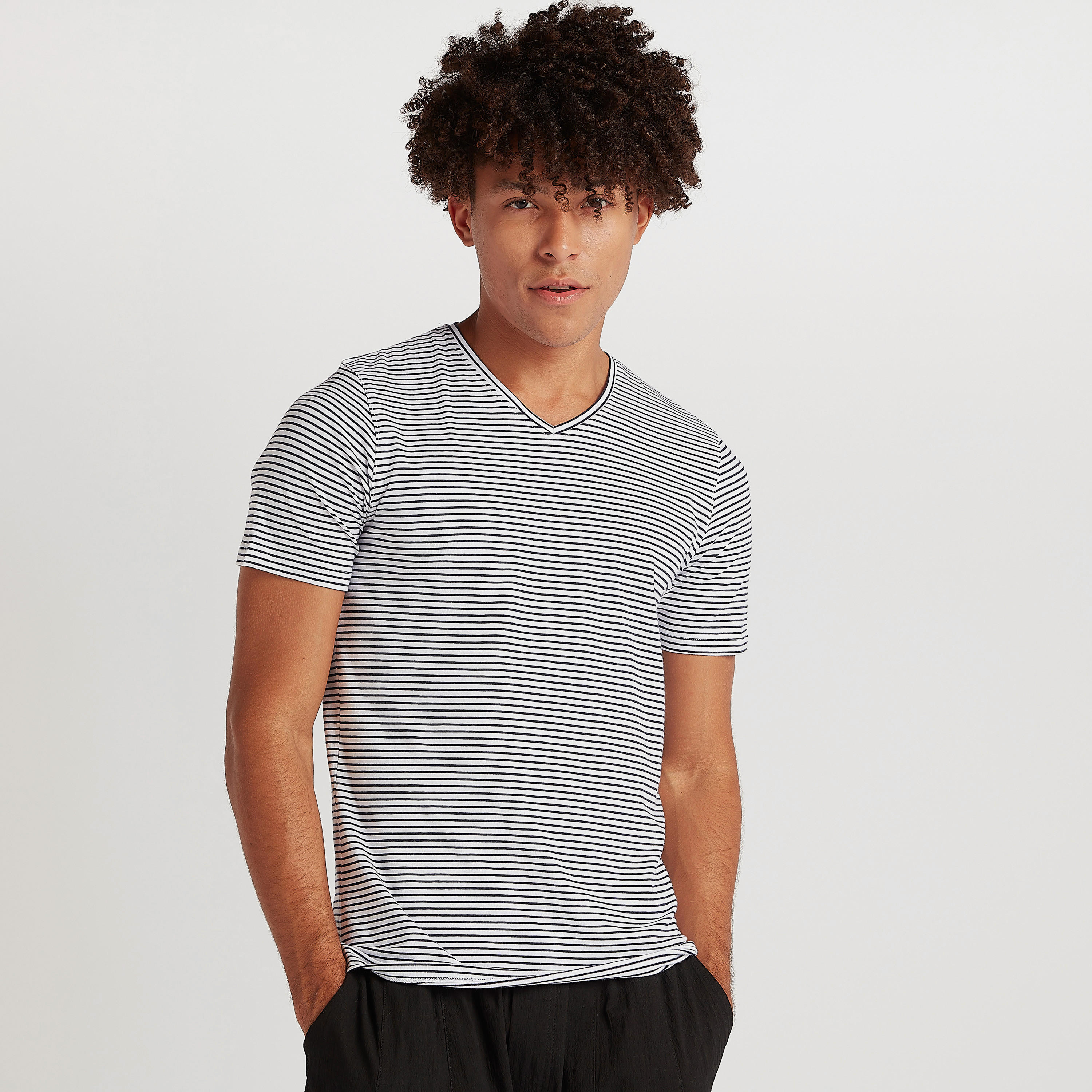 Striped T-shirt with Short Sleeves and V-neck-men-clothing-tshirtsandpolos-tshirts-image-1
