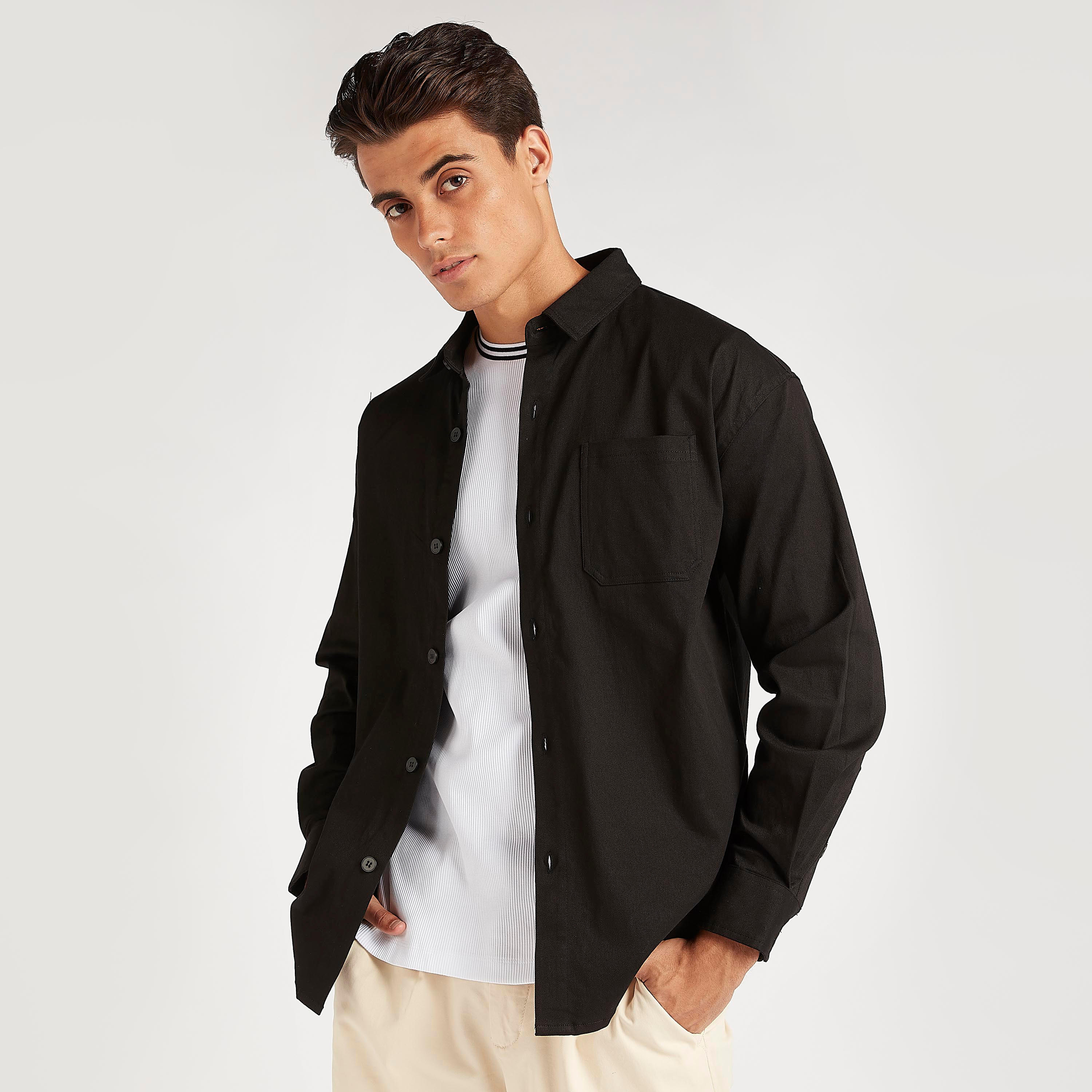 Typographic Print Shirt with Long Sleeves and Patch Pocket-men-clothing-shirts-image-1