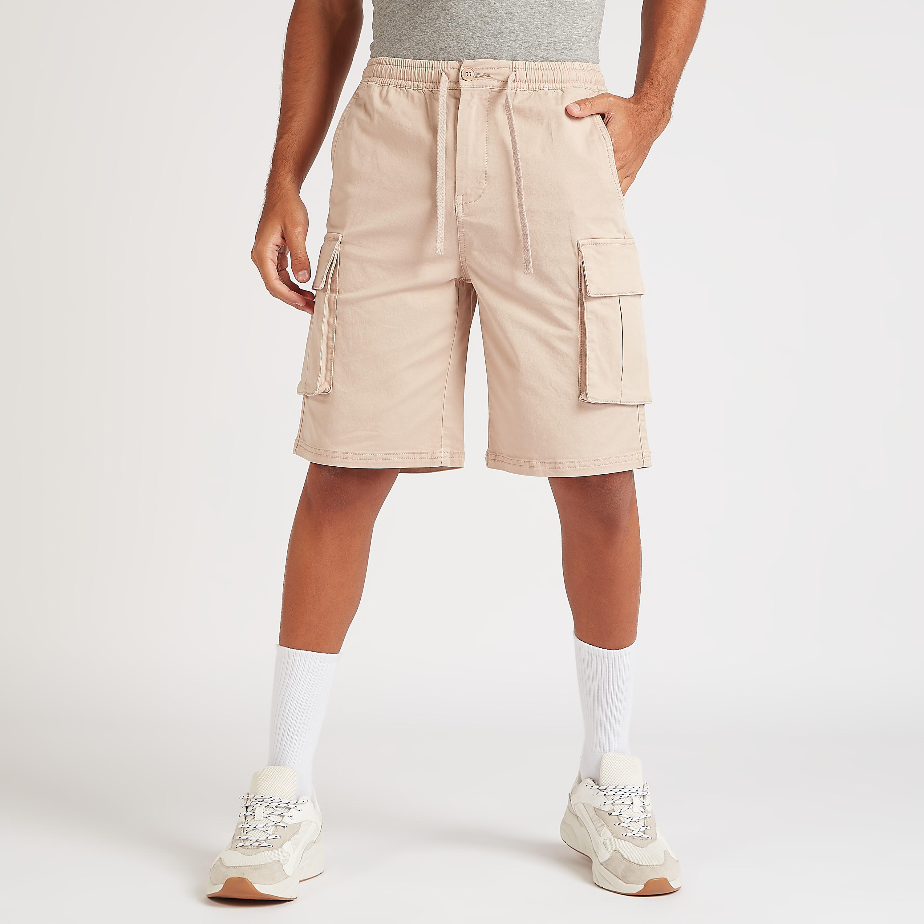 Solid Mid-Rise Shorts with Drawstring Closure and Pockets-men-clothing-bottoms-shorts-image-1