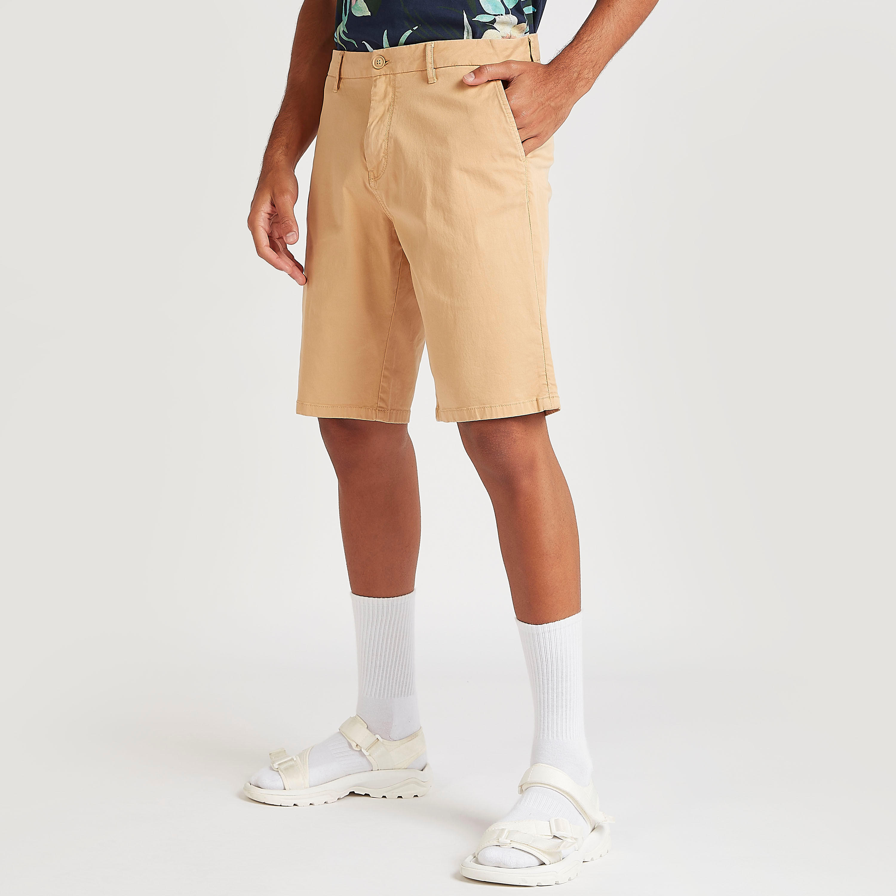 Solid Mid-Rise Shorts with Button Closure-men-clothing-bottoms-shorts-image-1