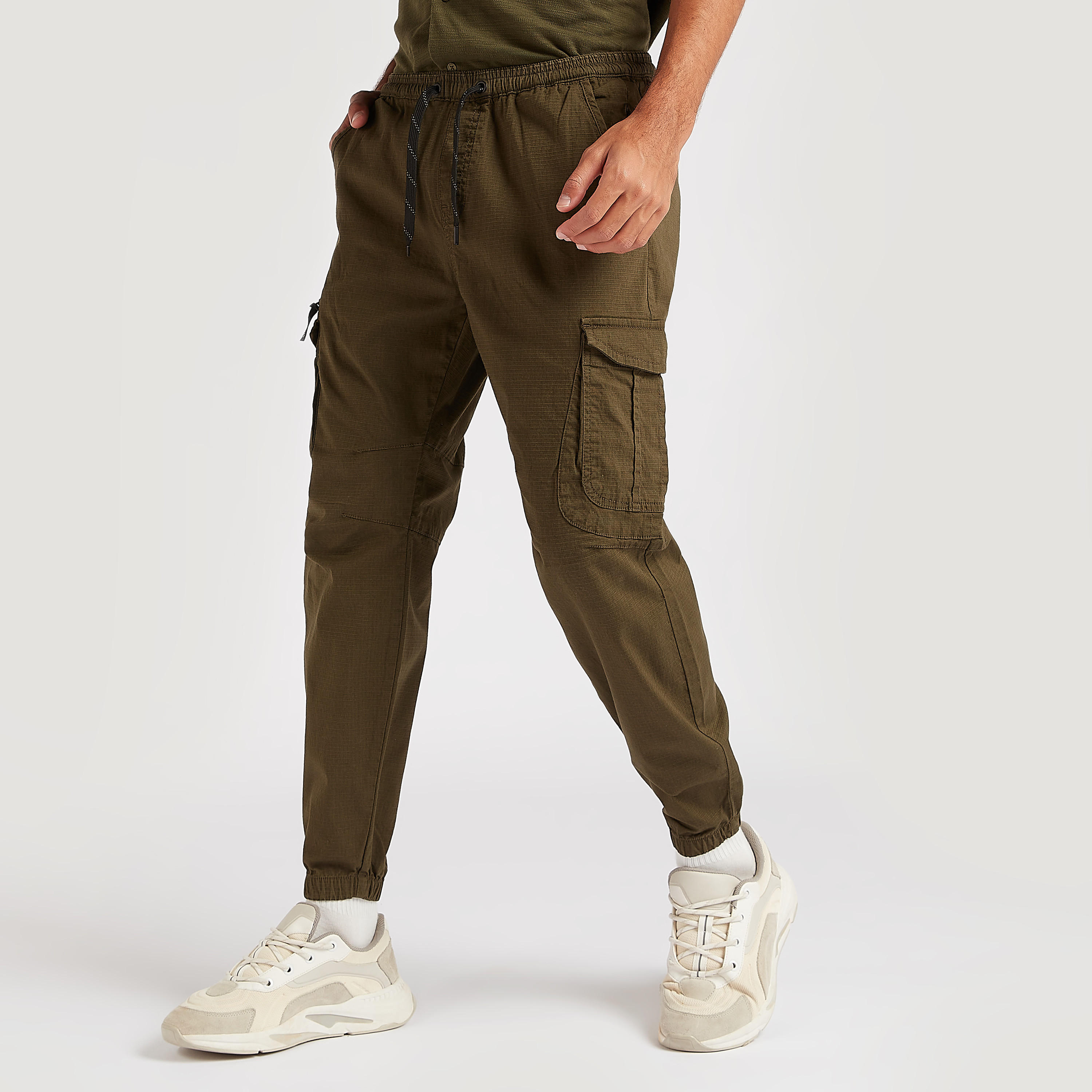 Solid Mid-Rise Cargo Pants with Drawstring Closure-men-clothing-bottoms-joggers-image-1