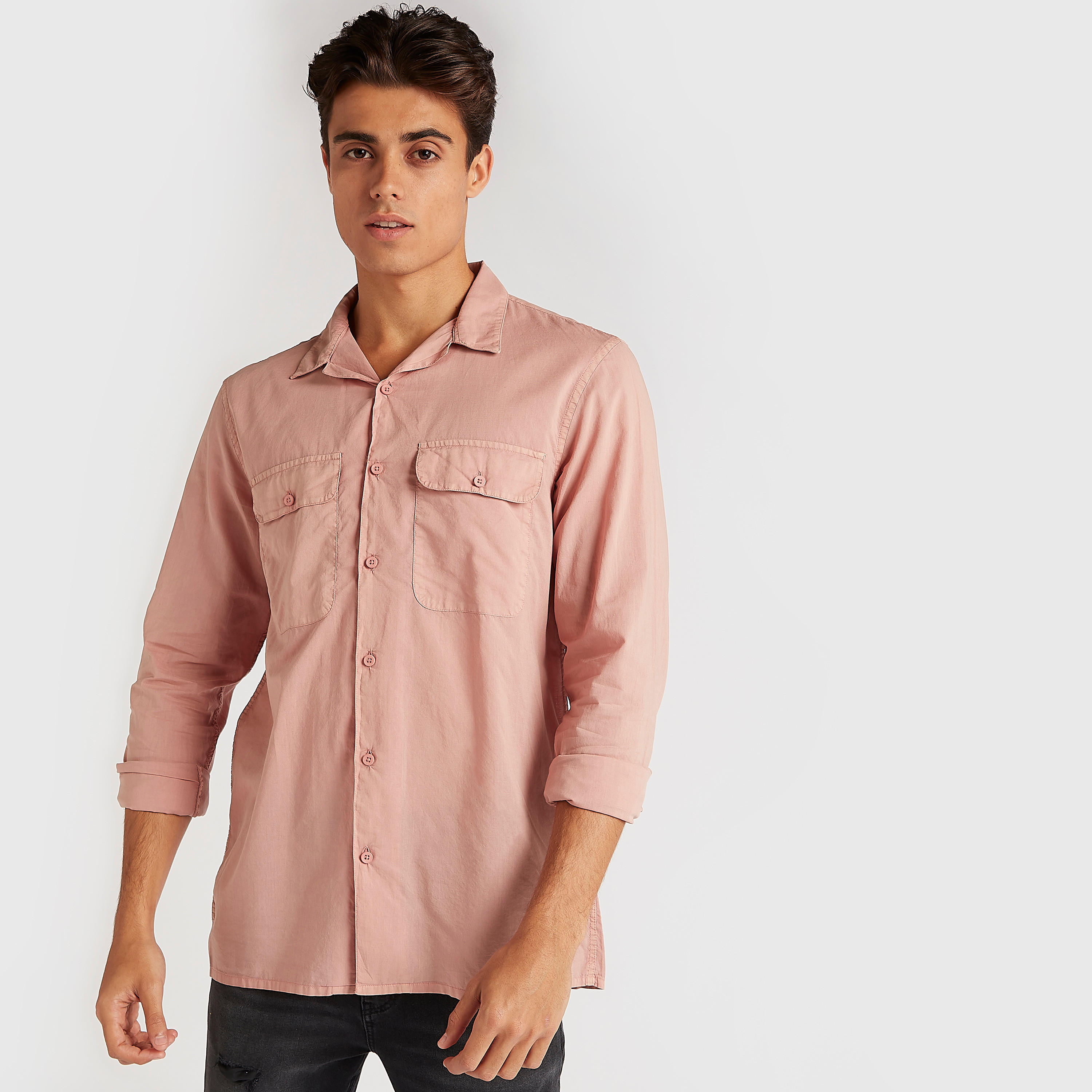 Solid Shirt with Long Sleeves and Flap Pockets-men-clothing-shirts-image-1