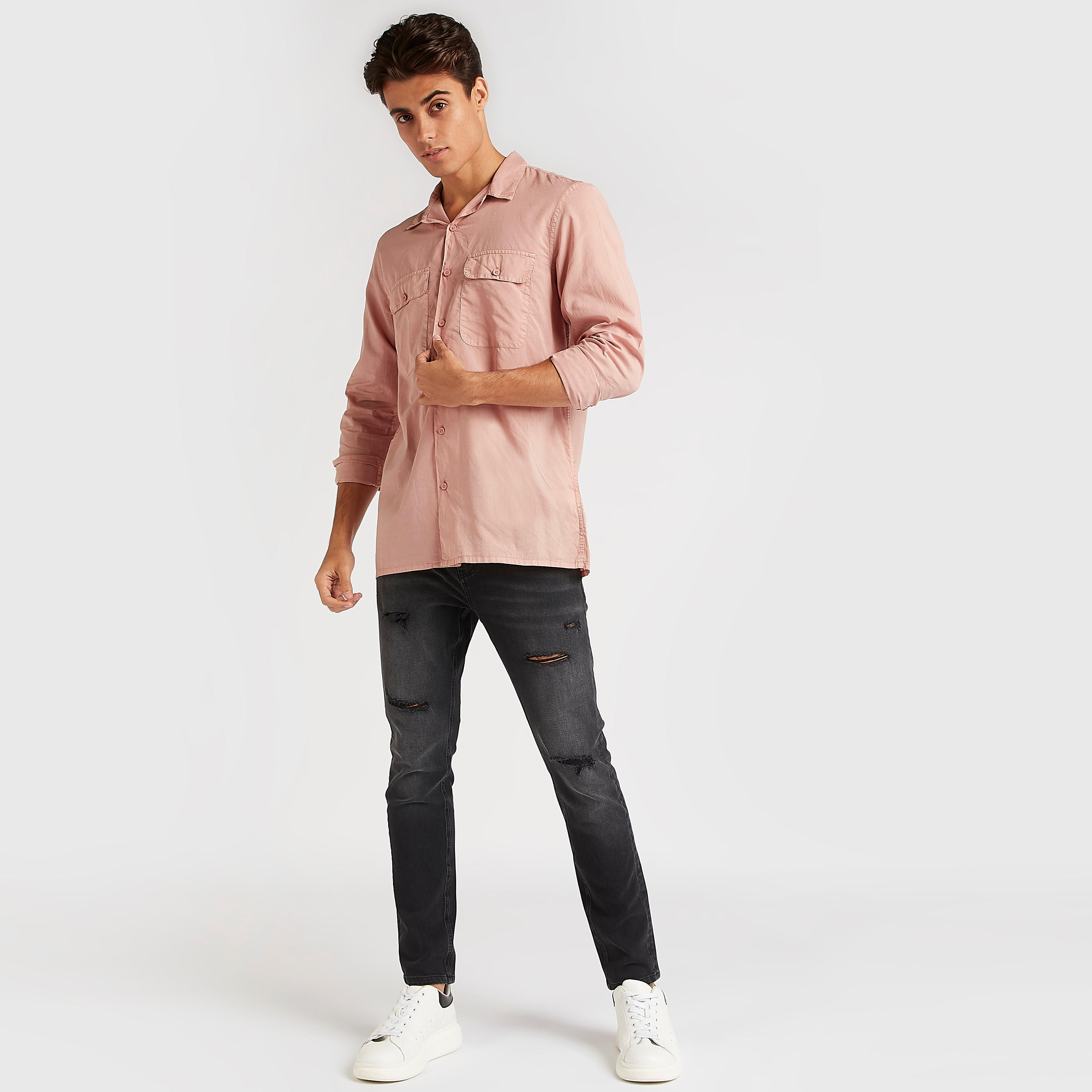 Solid Shirt with Long Sleeves and Flap Pockets-men-clothing-shirts-image-2