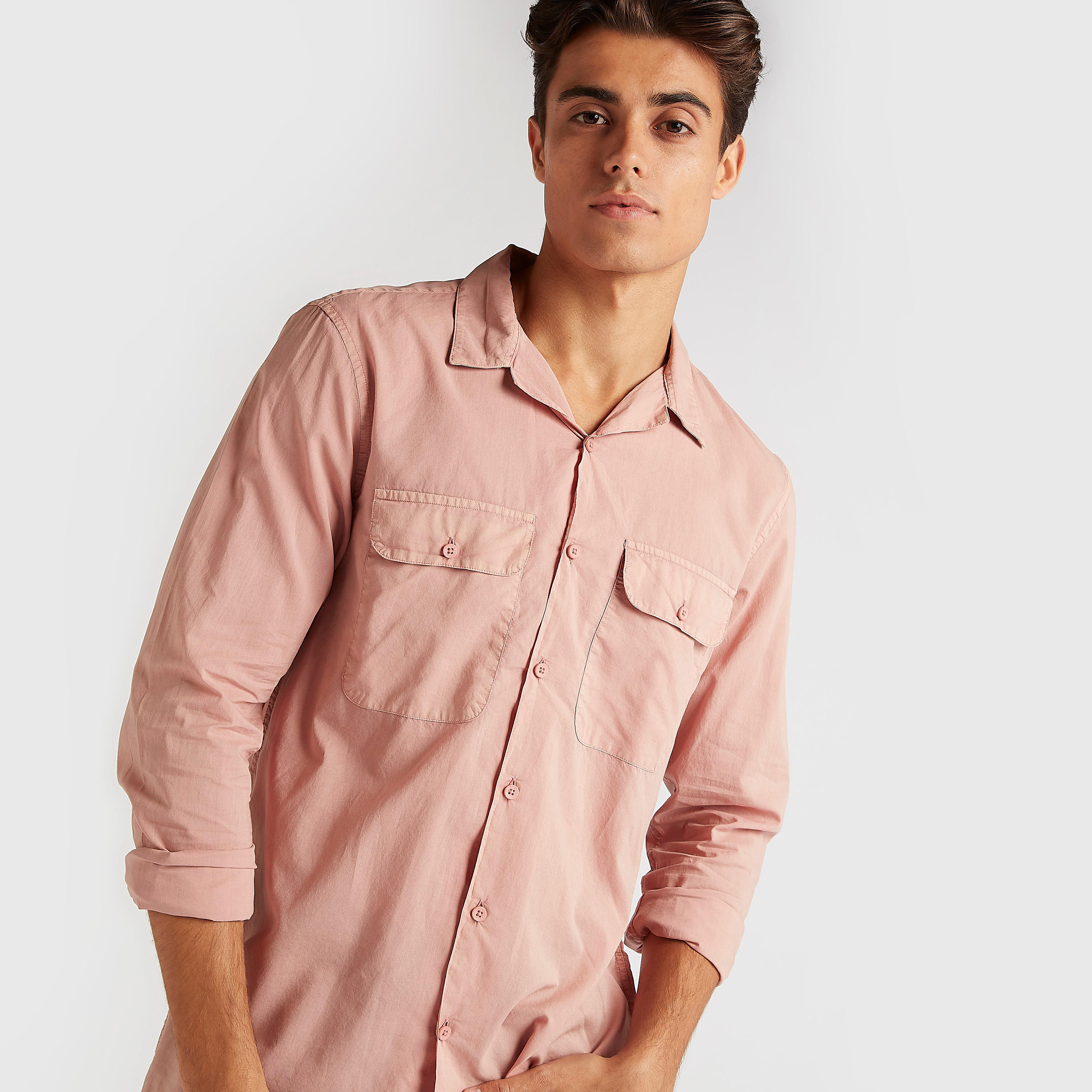 Solid Shirt with Long Sleeves and Flap Pockets-men-clothing-shirts-image-5