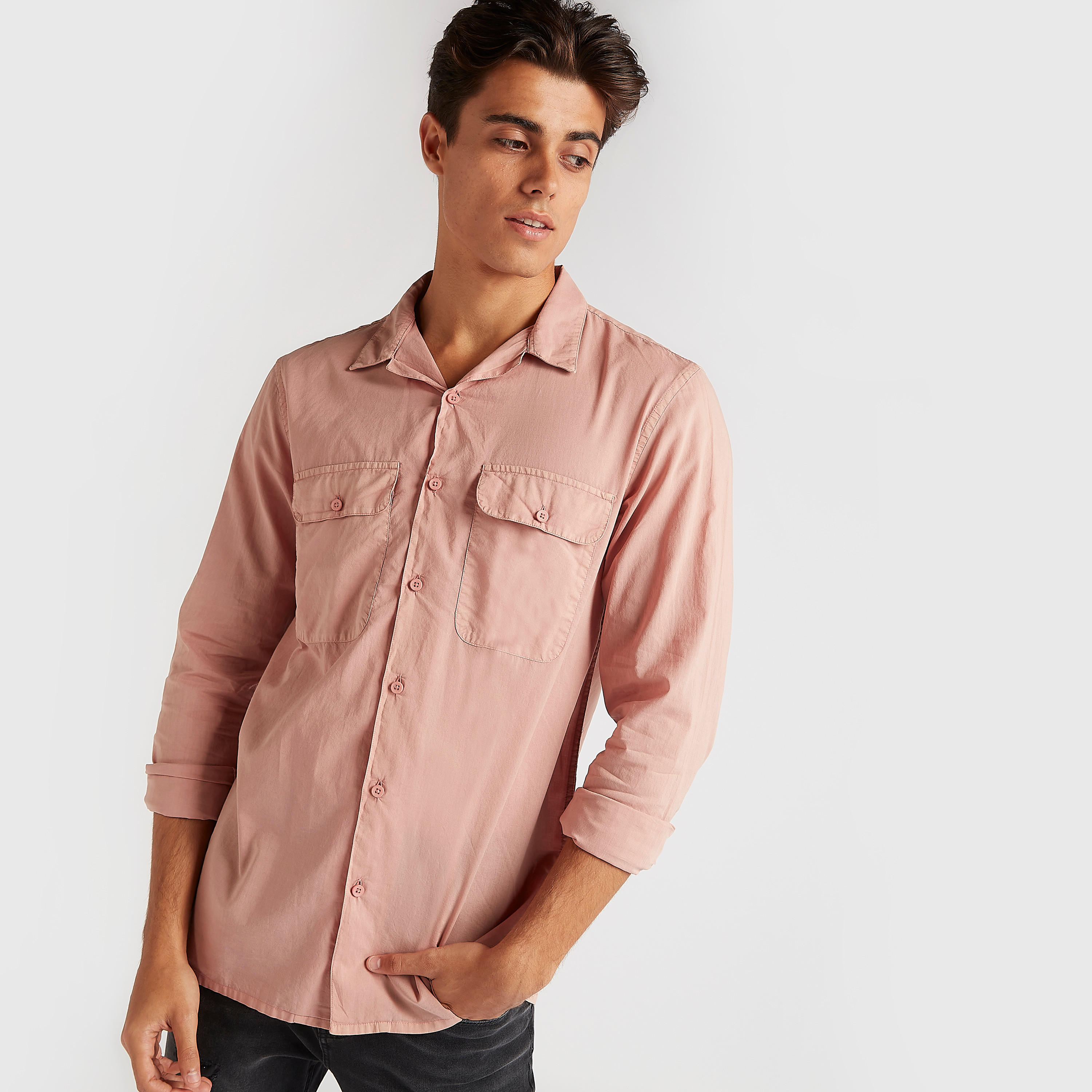 Solid Shirt with Long Sleeves and Flap Pockets-men-clothing-shirts-image-6