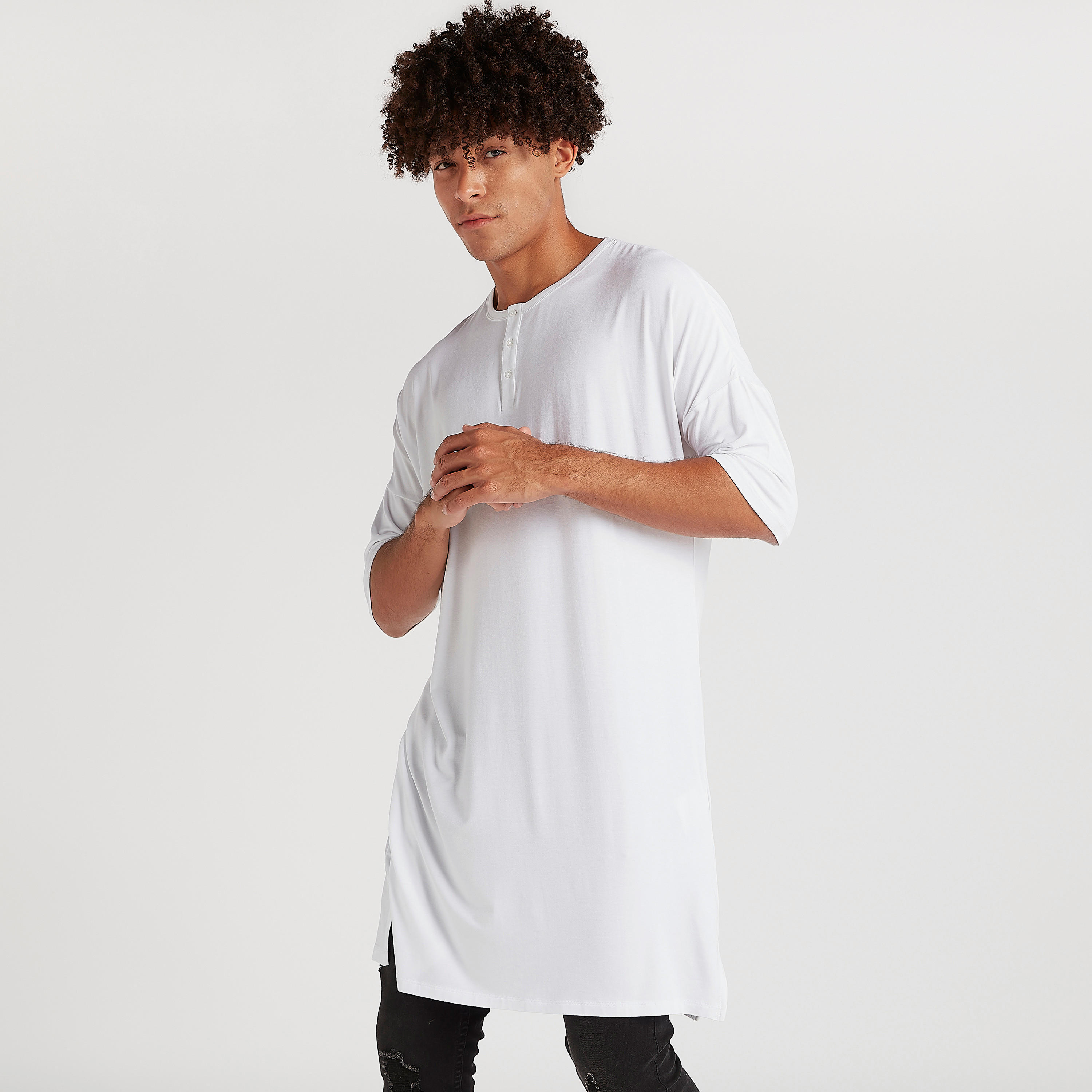 Solid Longline T-shirt with Henley Neck-men-clothing-tshirtsandpolos-tshirts-image-1