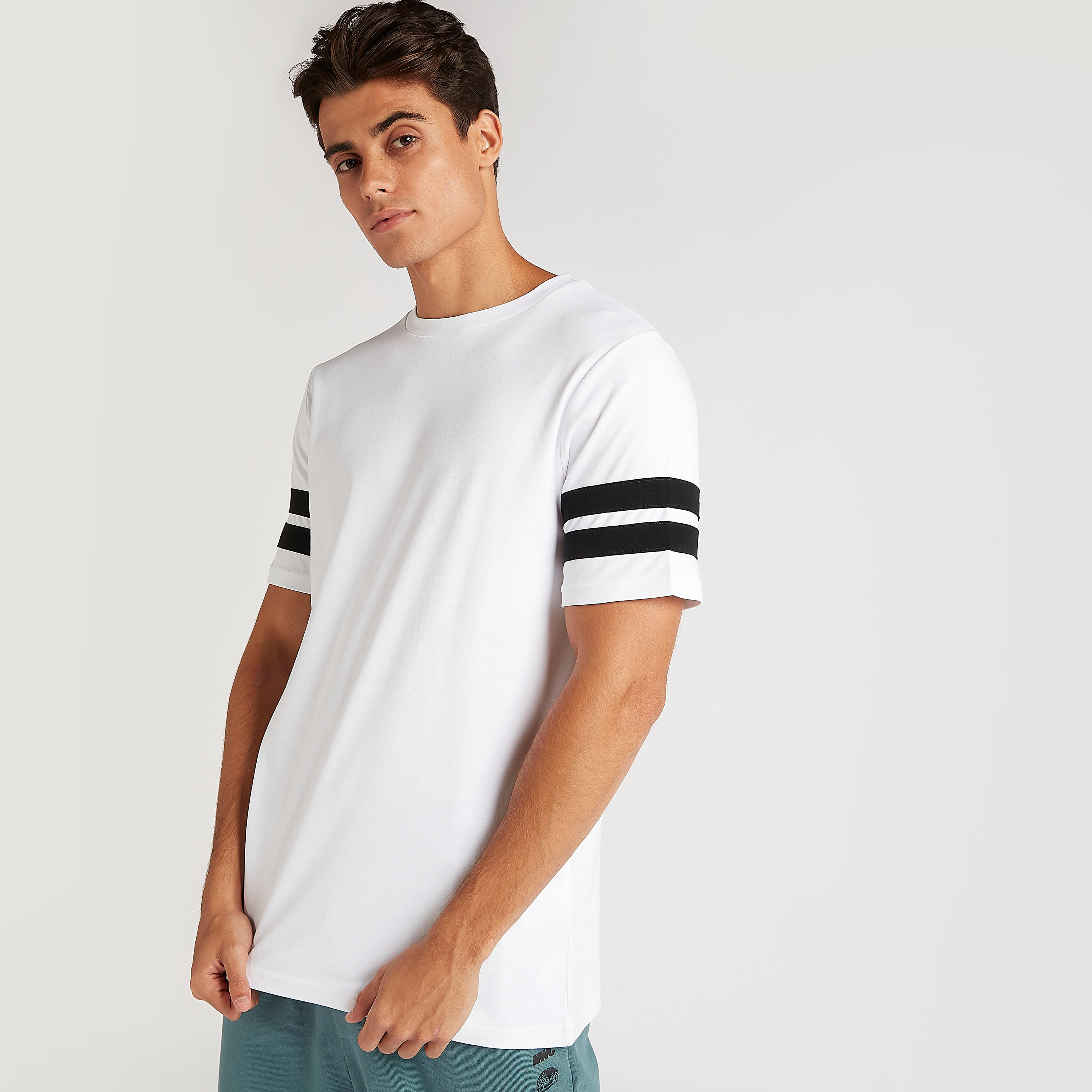 Solid T-shirt with Striped Short Sleeves-men-clothing-tshirtsandpolos-tshirts-image-1