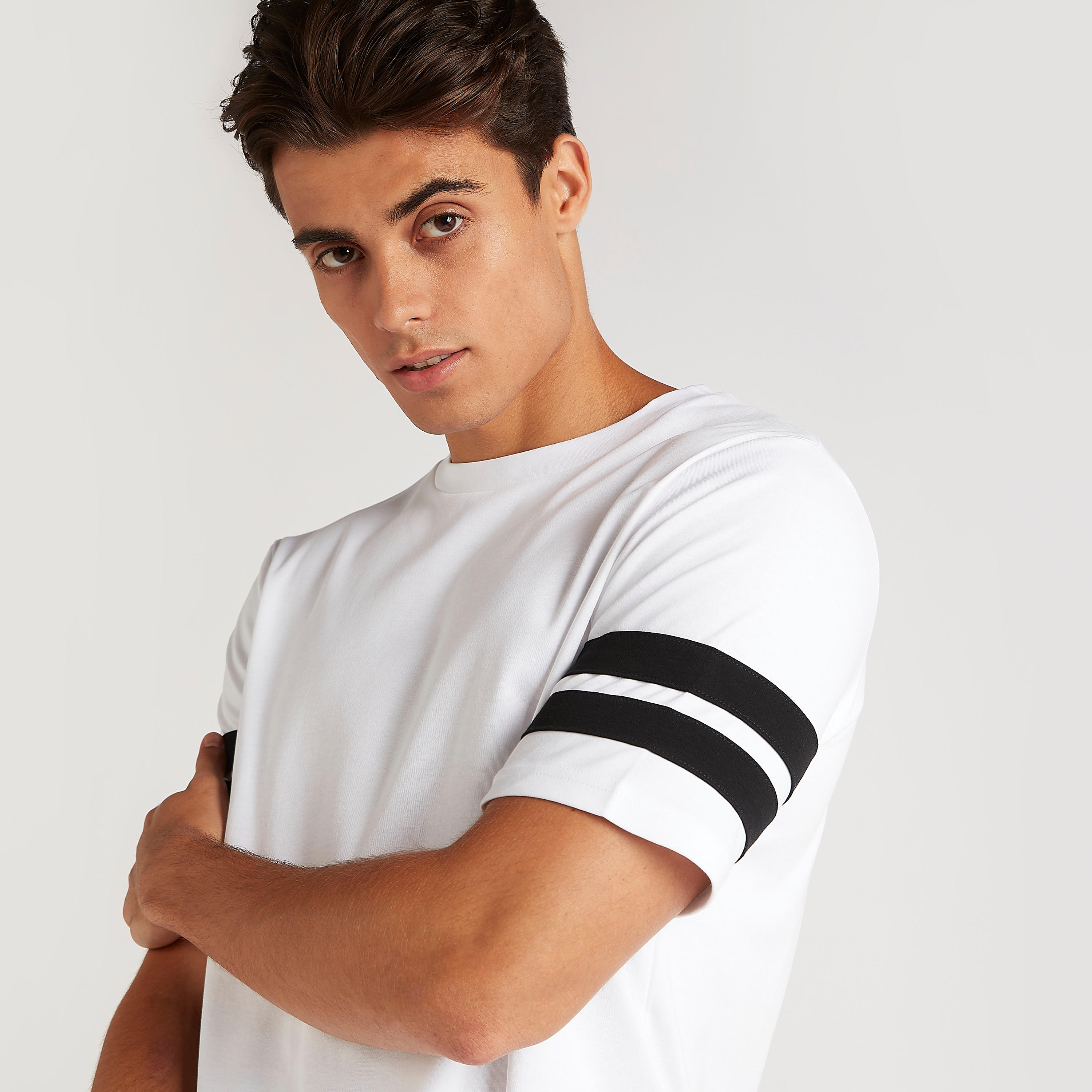 Solid T-shirt with Striped Short Sleeves-men-clothing-tshirtsandpolos-tshirts-image-3