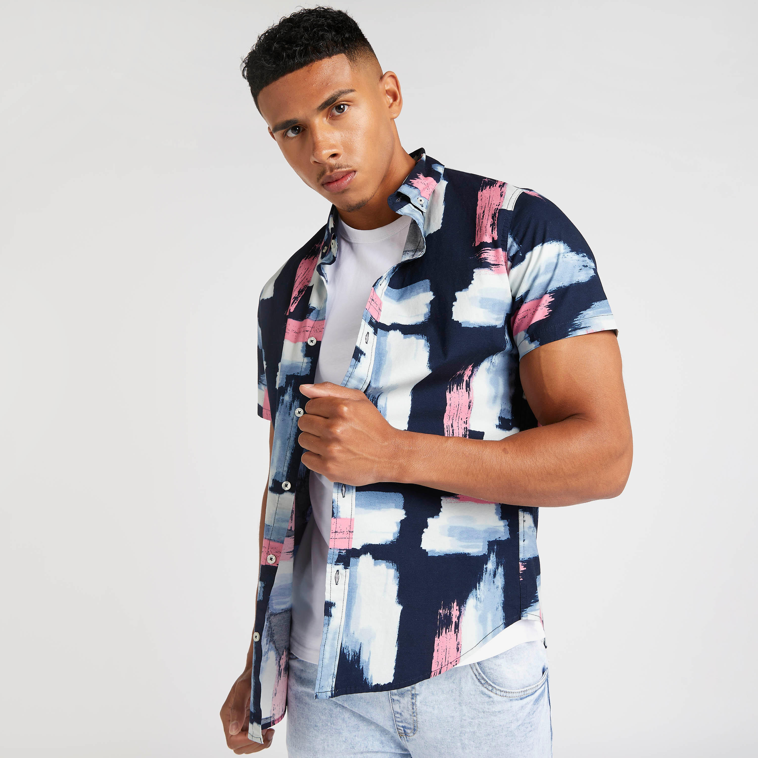 Printed Shirt with Spread Collar and Short Sleeves-men-clothing-shirts-image-1