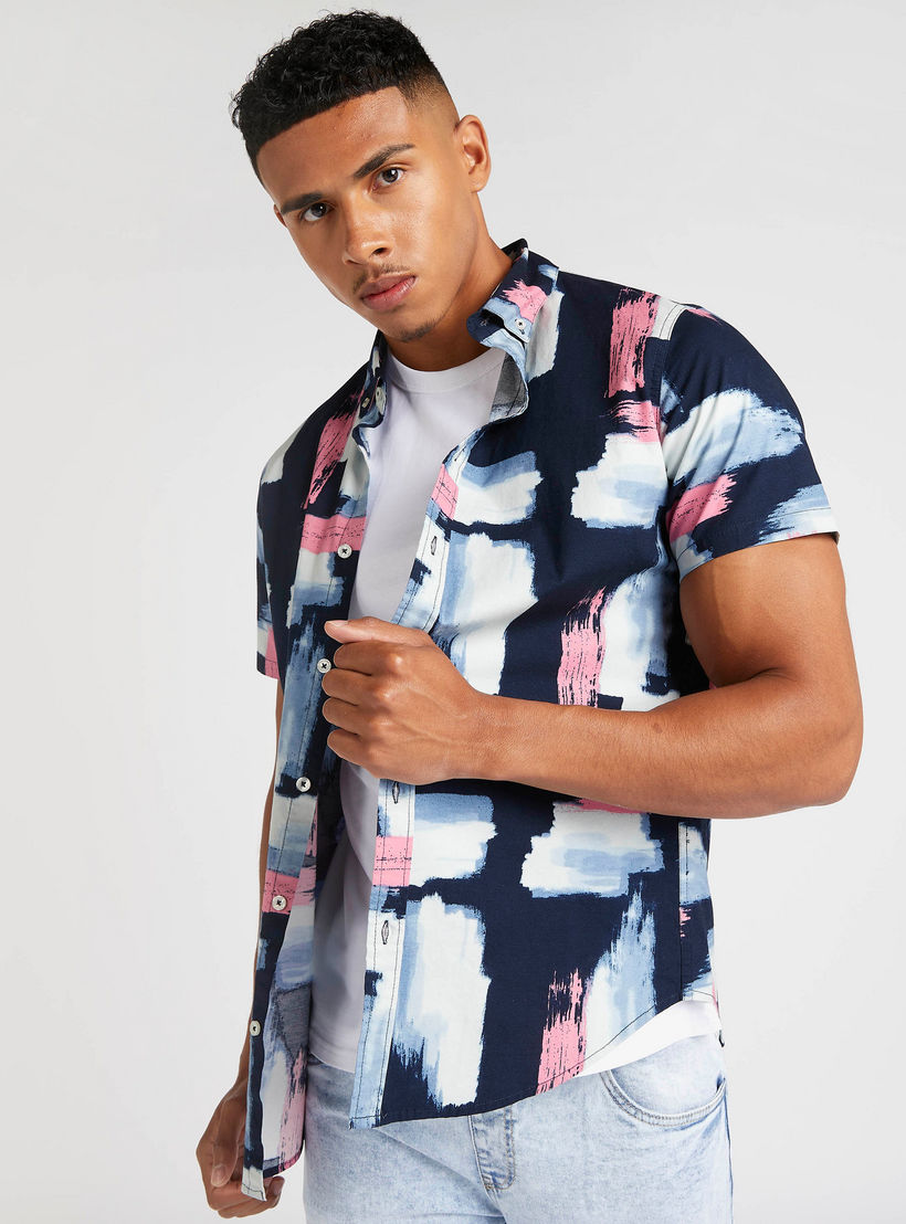 Printed Shirt with Spread Collar and Short Sleeves-men-clothing-shirts-image-1