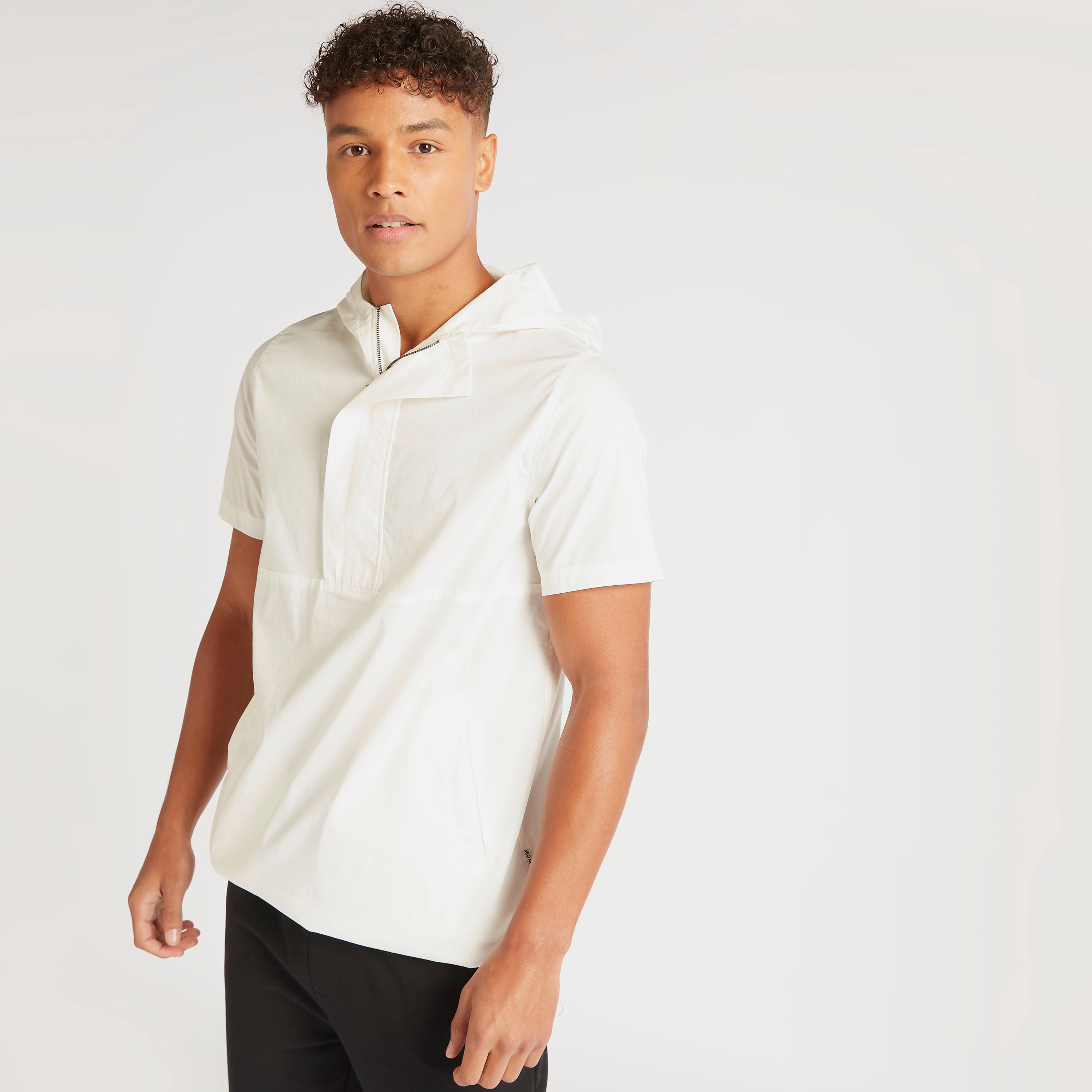 Solid Hooded Shirt with Short Sleeves and Kangaroo Pockets-men-clothing-shirts-image-1