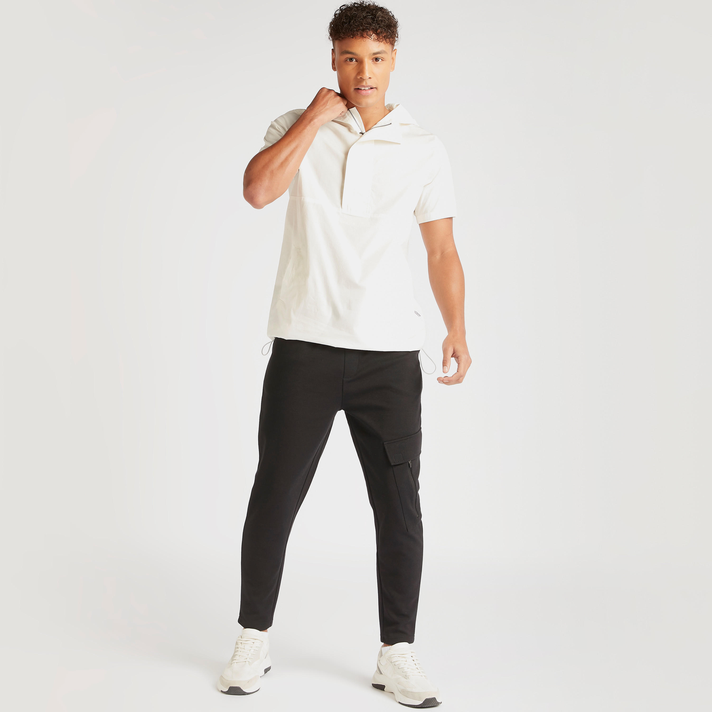 Solid Hooded Shirt with Short Sleeves and Kangaroo Pockets-men-clothing-shirts-image-2