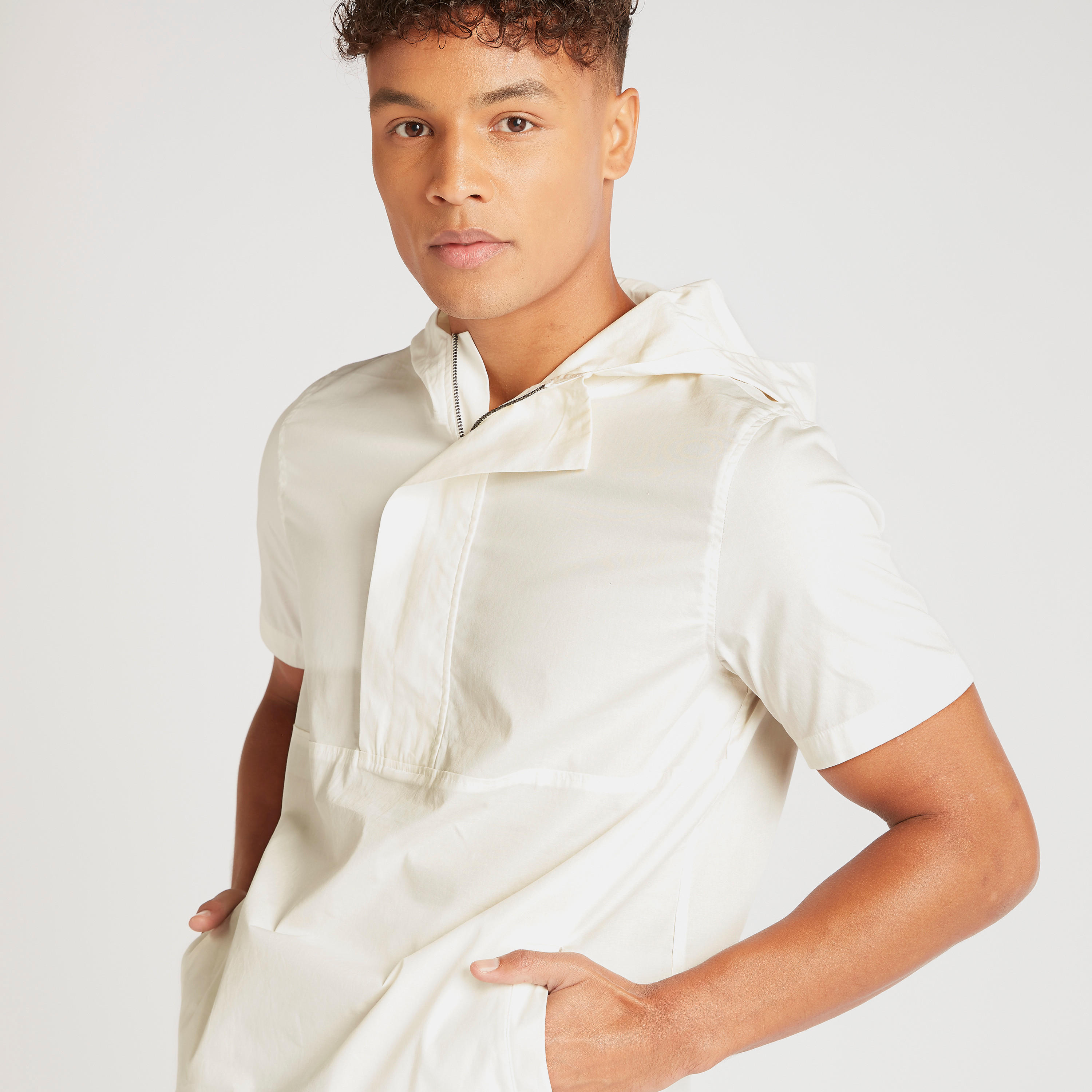Solid Hooded Shirt with Short Sleeves and Kangaroo Pockets-men-clothing-shirts-image-3