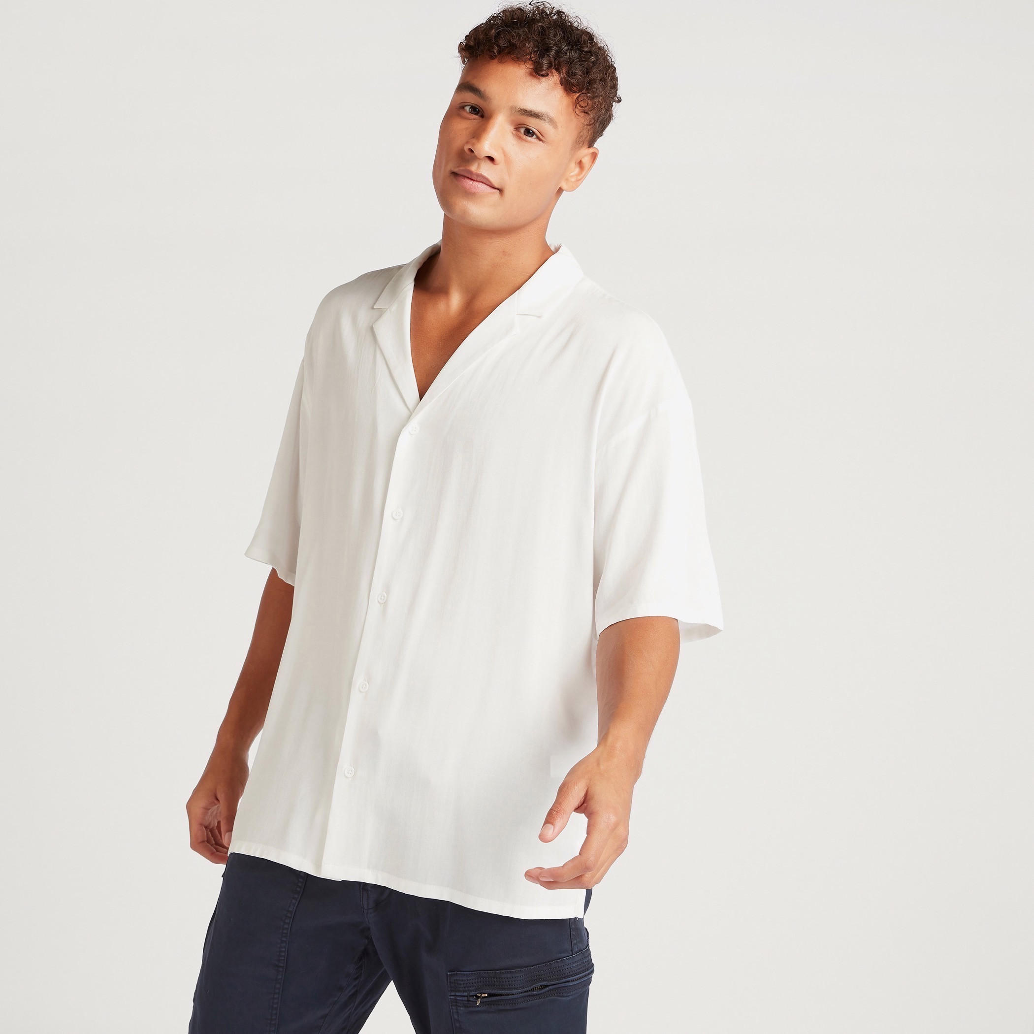 Solid Shirt with Camp Collar and Short Sleeves-men-clothing-shirts-image-1