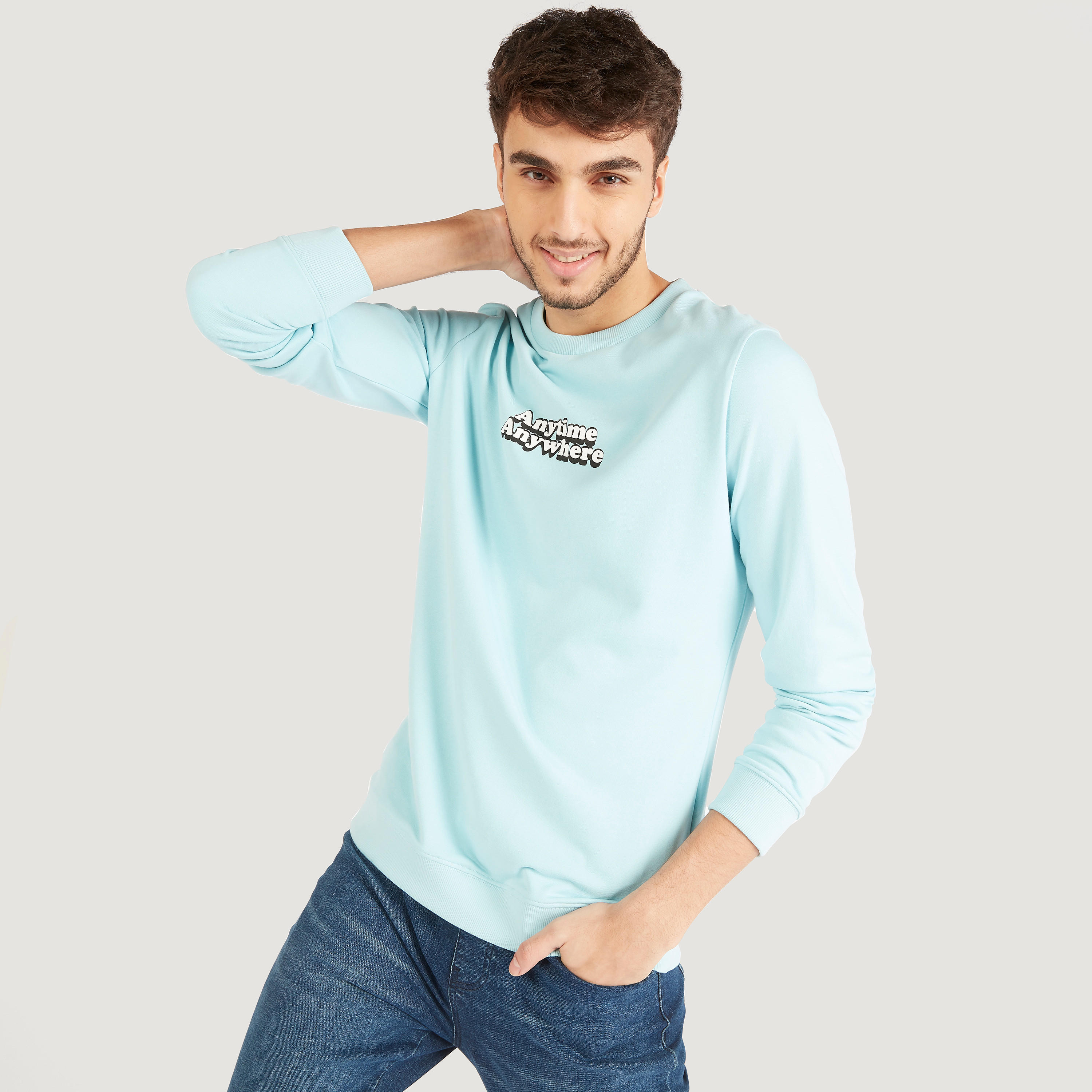 Text Print Crew Neck Sweatshirt with Long Sleeves-men-winterwear-hoodiesandsweatshirts-image-1