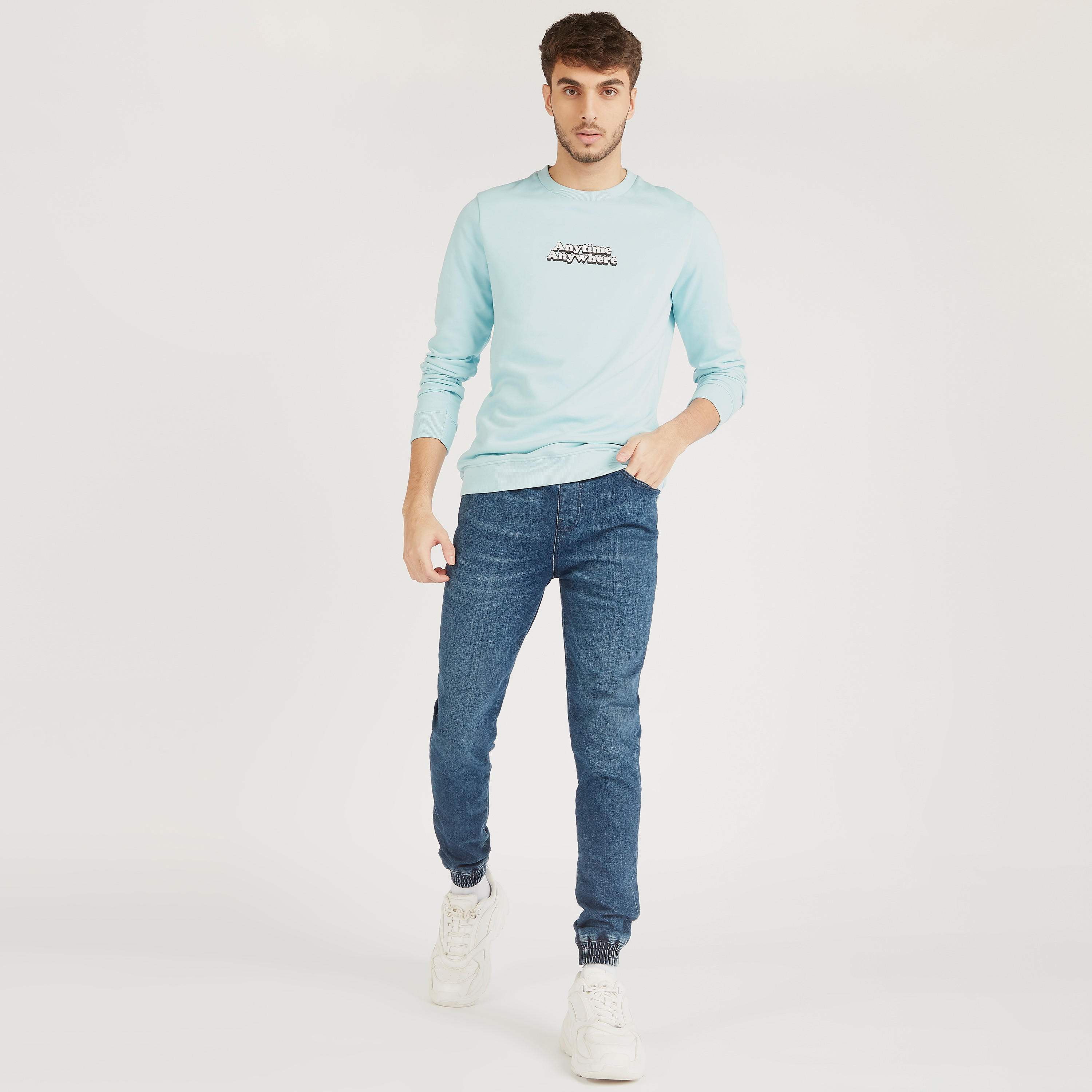 Text Print Crew Neck Sweatshirt with Long Sleeves-men-winterwear-hoodiesandsweatshirts-image-2