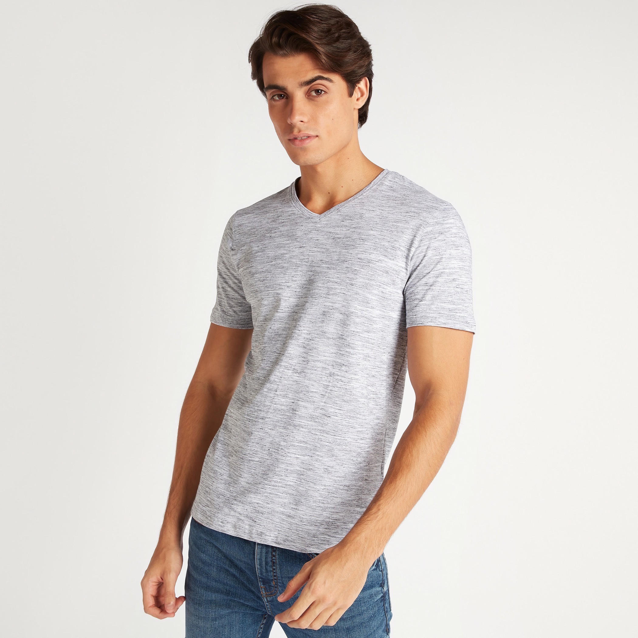Solid T-shirt with V-neck and Short Sleeves-men-clothing-tshirtsandpolos-tshirts-image-1