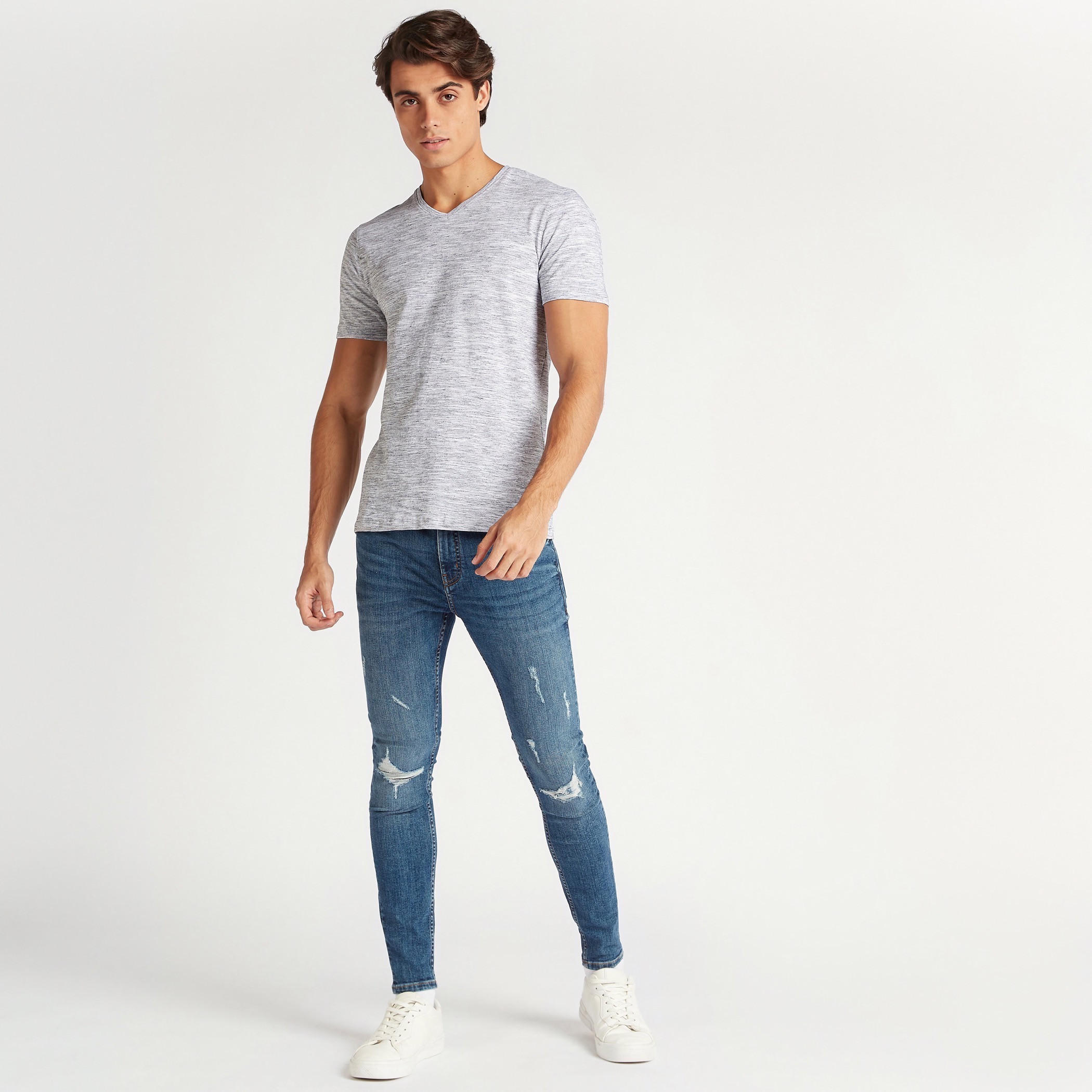 Solid T-shirt with V-neck and Short Sleeves-men-clothing-tshirtsandpolos-tshirts-image-2
