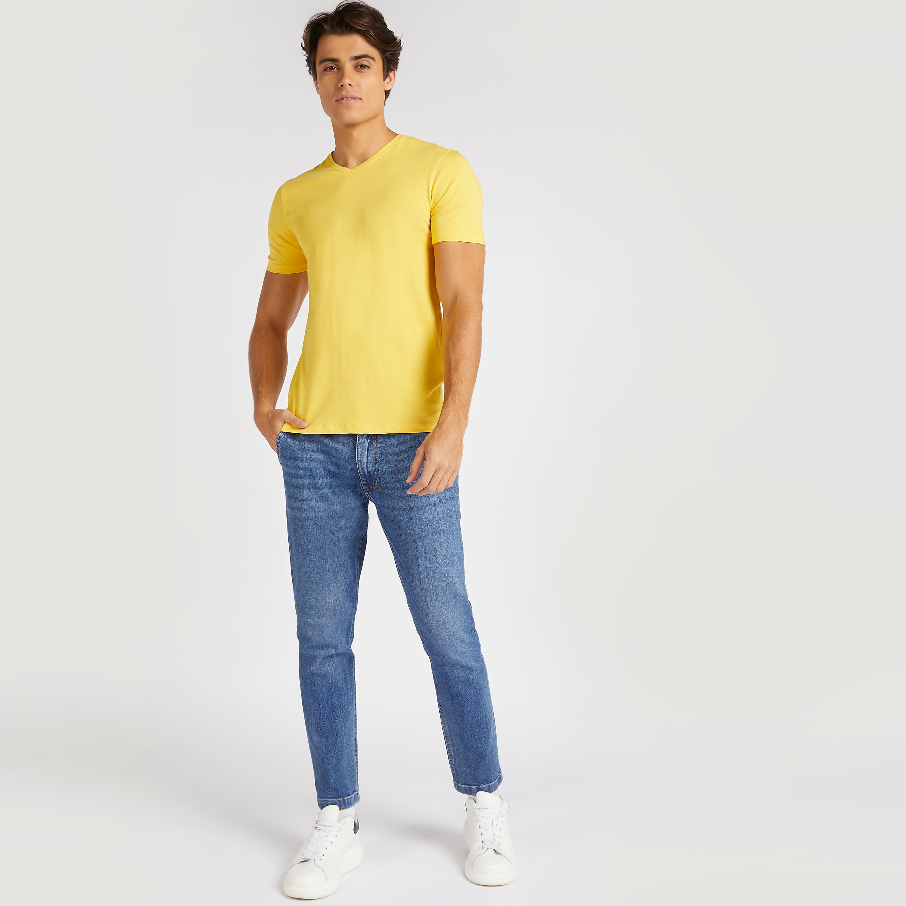 Solid V-neck Slim Fit T-shirt with Short Sleeves-men-clothing-tshirtsandpolos-tshirts-image-2