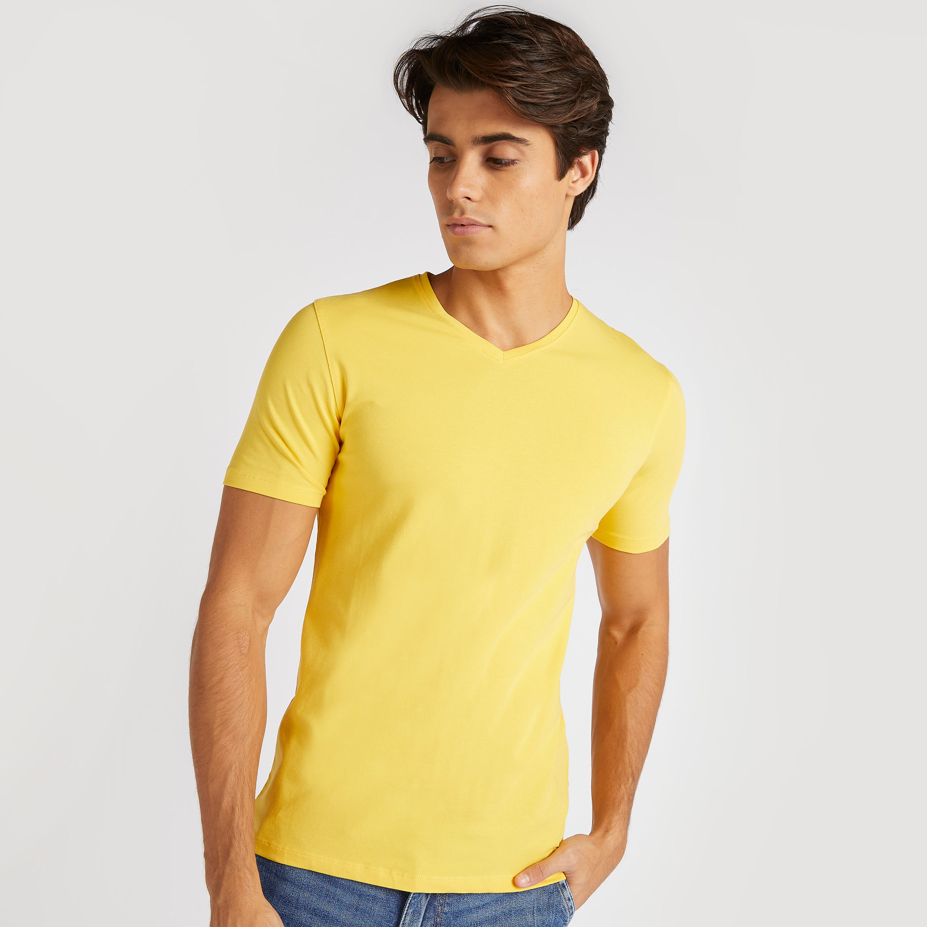 Solid V-neck Slim Fit T-shirt with Short Sleeves-men-clothing-tshirtsandpolos-tshirts-image-5