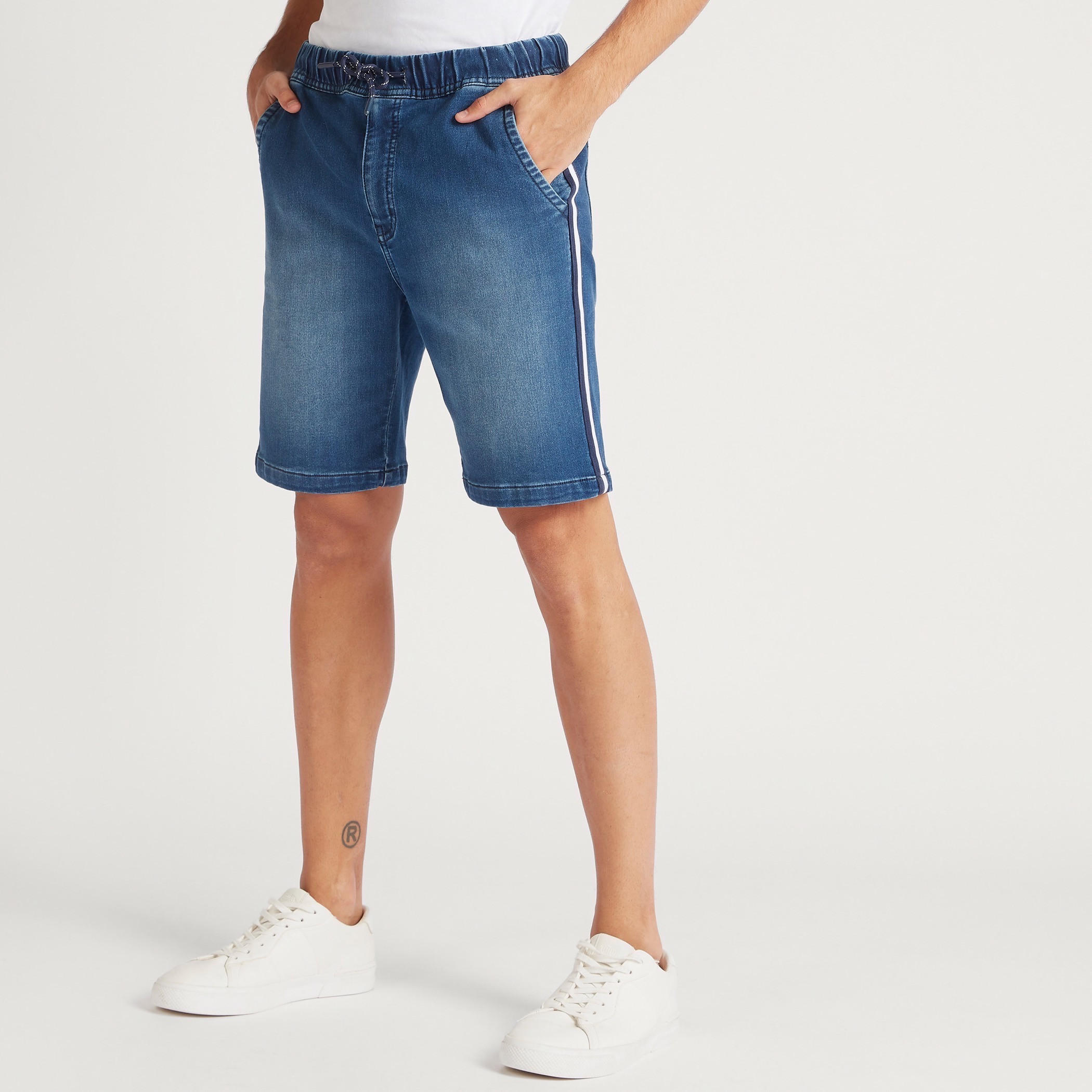 Solid Denim Mid-Rise Shorts with Pockets and Drawstring-men-clothing-bottoms-shorts-image-1