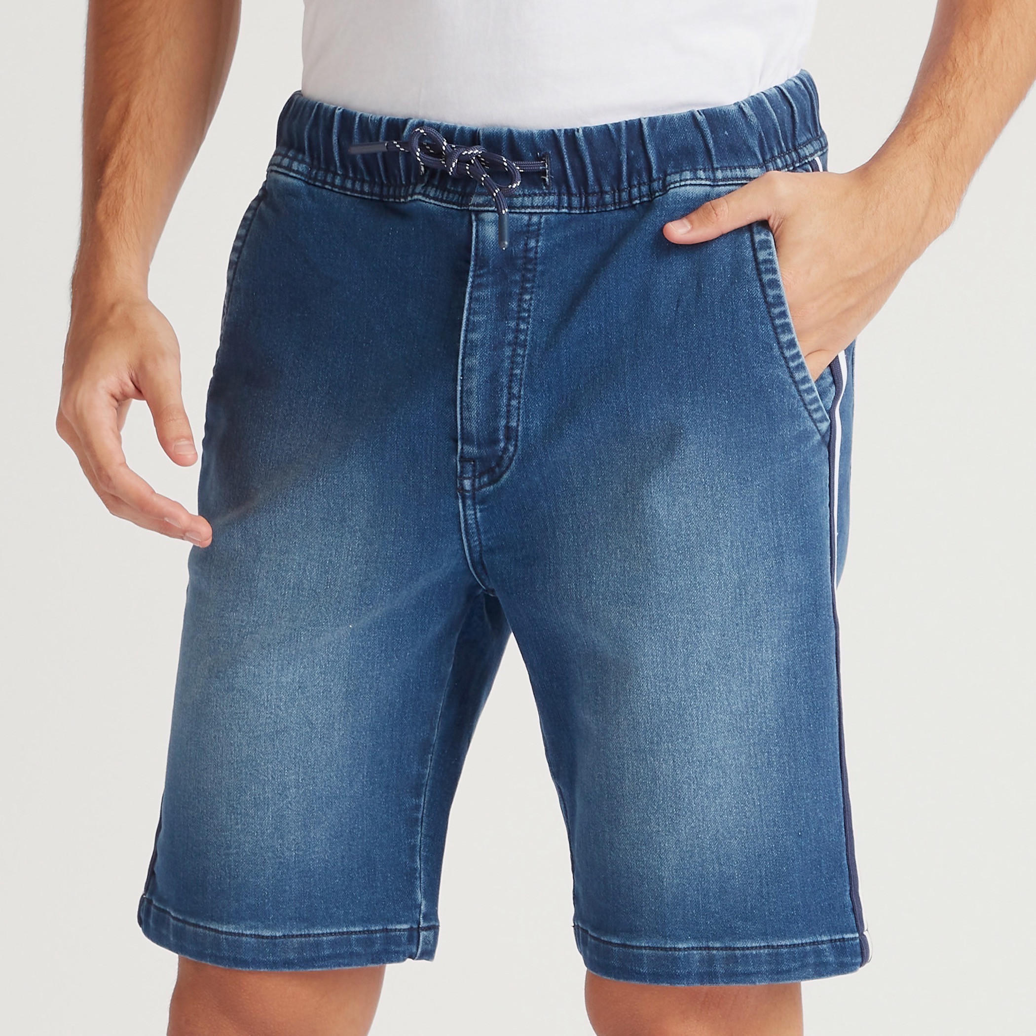 Solid Denim Mid-Rise Shorts with Pockets and Drawstring-men-clothing-bottoms-shorts-image-3