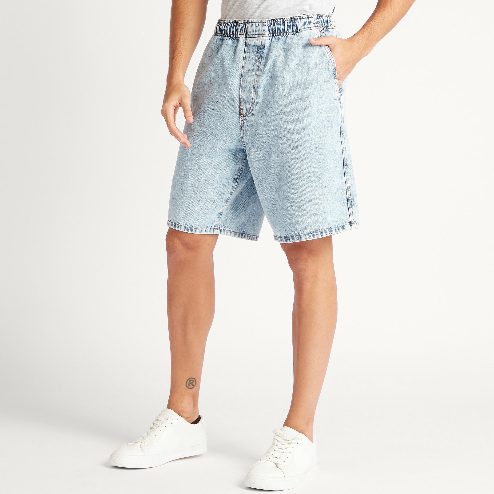 Solid Denim Shorts with Elasticated Waistband and Pockets-men-clothing-bottoms-shorts-image-1