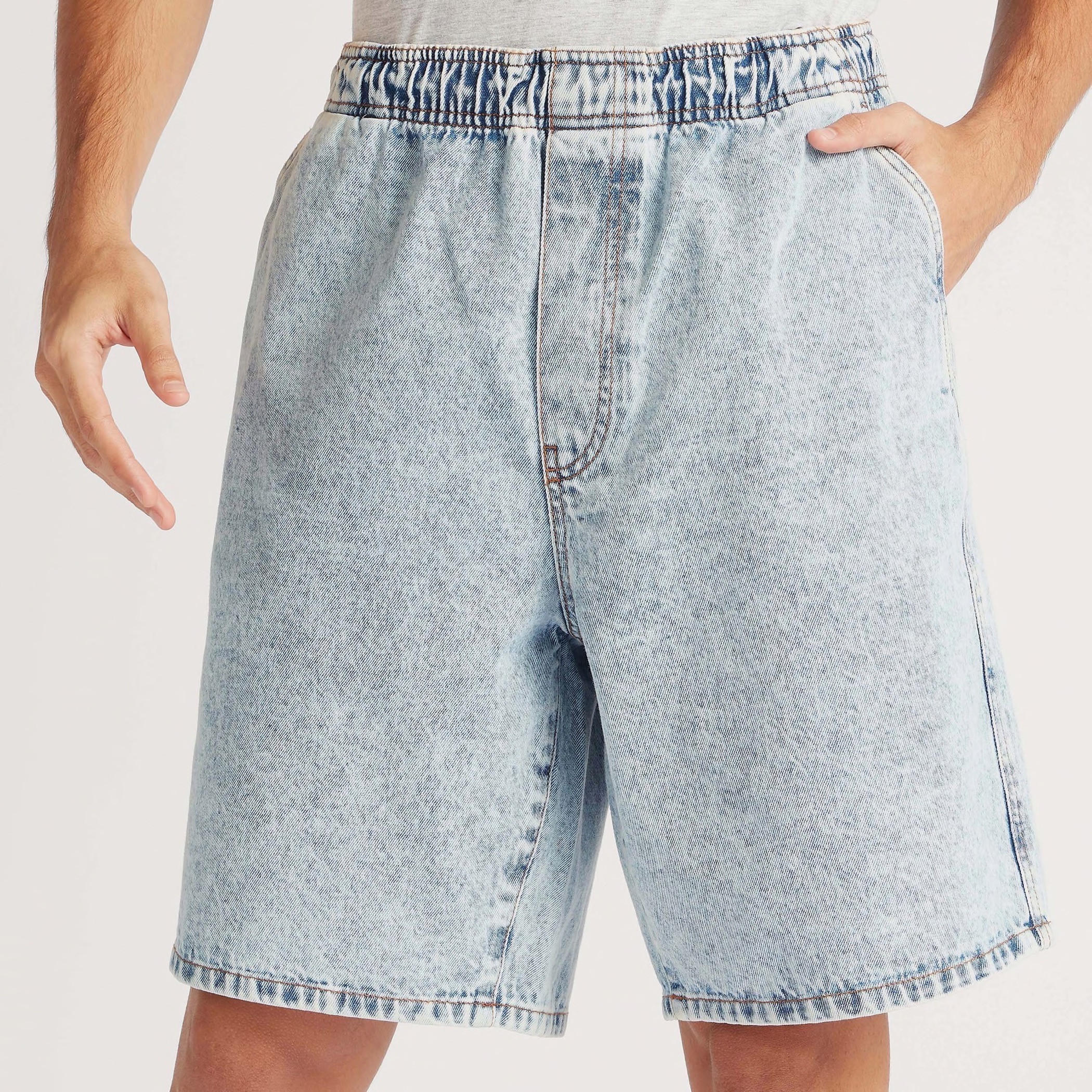 Solid Denim Shorts with Elasticated Waistband and Pockets-men-clothing-bottoms-shorts-image-3