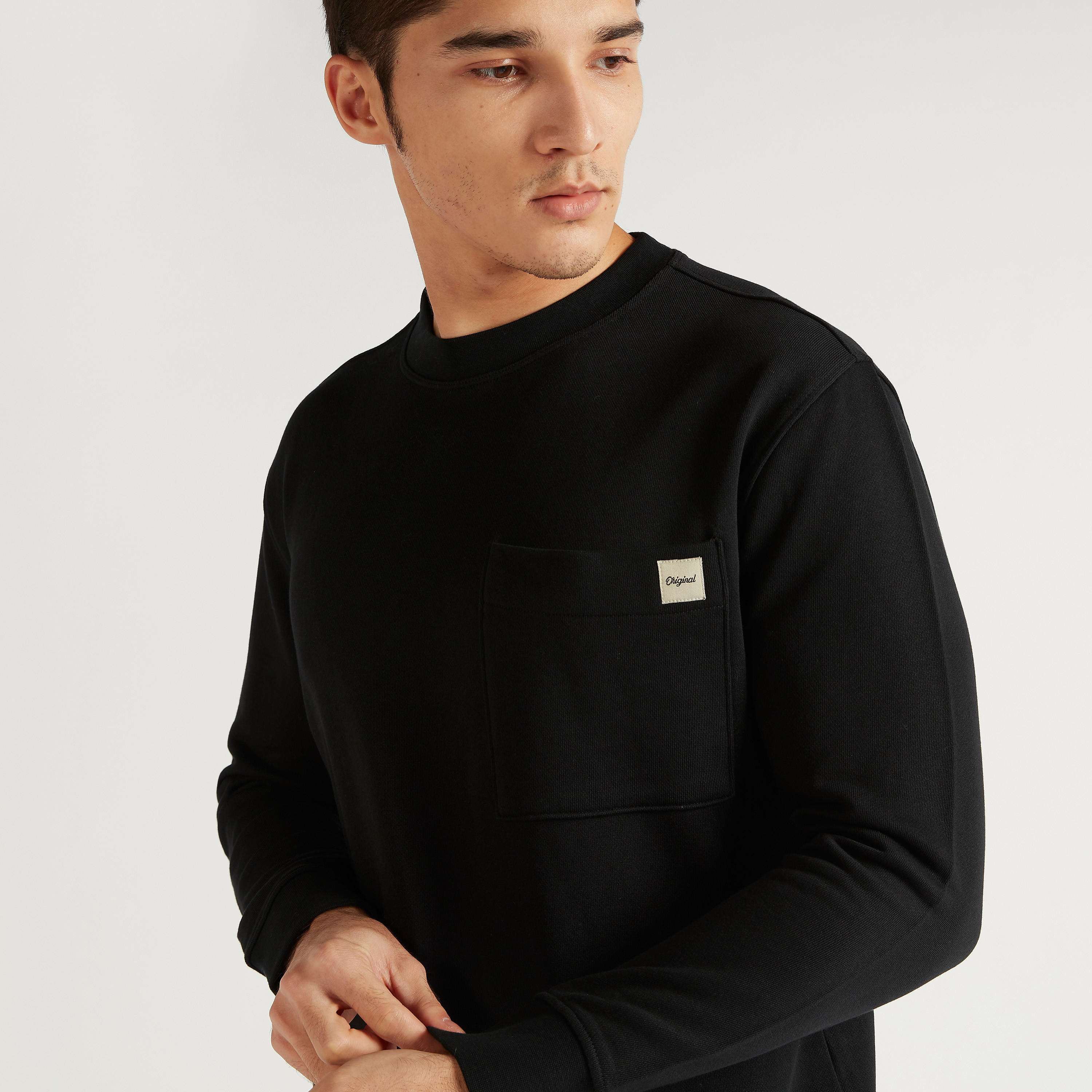 Solid Sweatshirt with Long Sleeves and Front Pocket-men-winterwear-hoodiesandsweatshirts-image-3