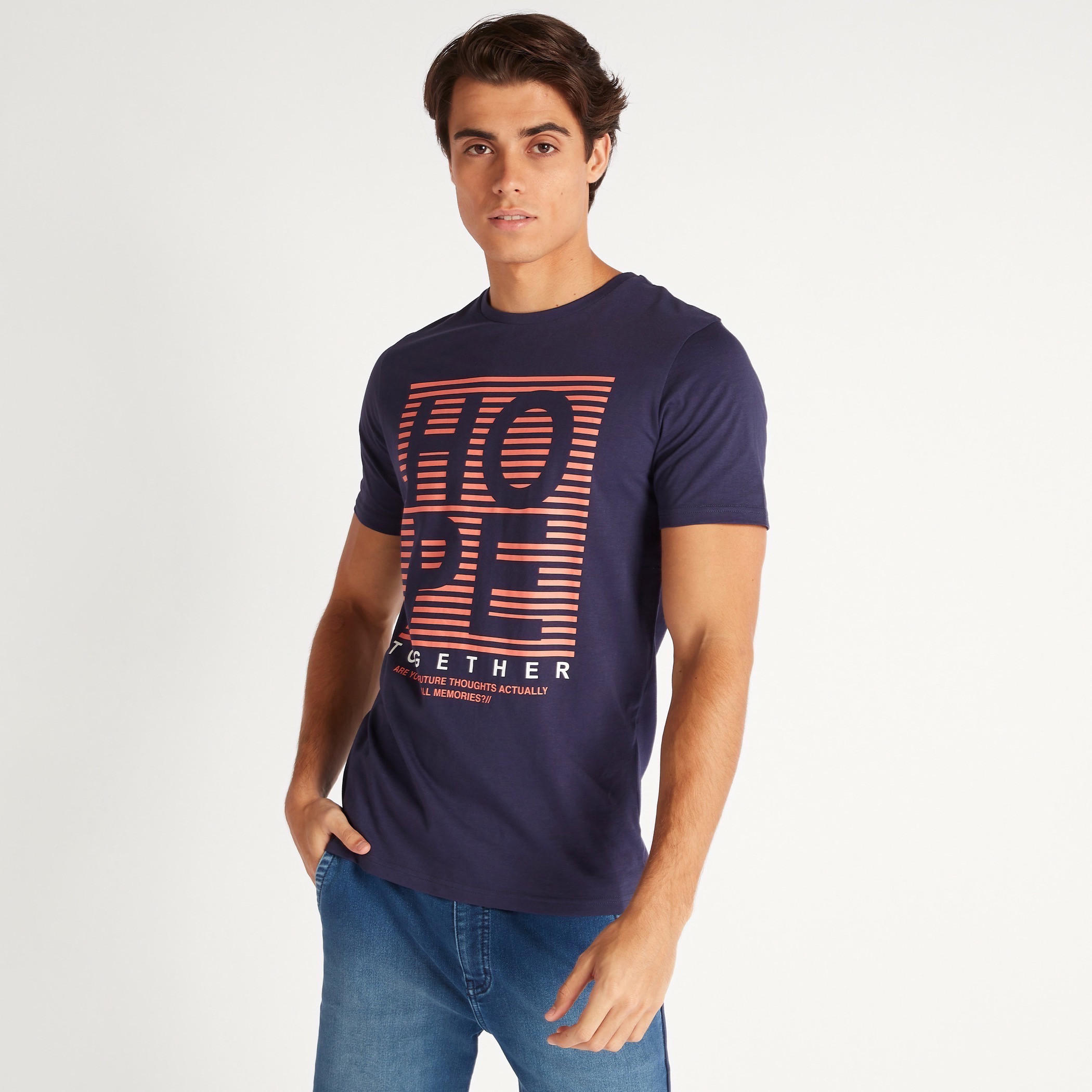 Slogan Print T-shirt with Crew Neck and Short Sleeves-men-clothing-tshirtsandpolos-tshirts-image-1